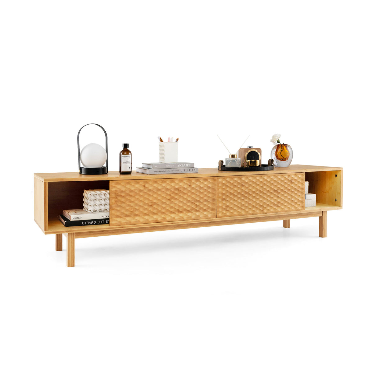 63 Inches Mid Century Modern Bamboo TV Stand with Sliding Doors-Natural