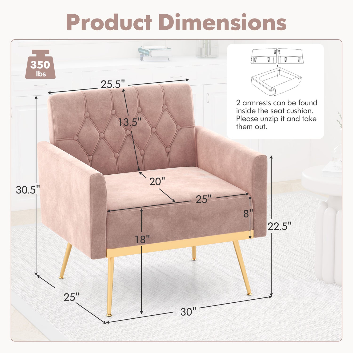 Modern Velvet Accent Chair with Button Tufted Back Golden Metal Legs and Adjustable Foot Pads