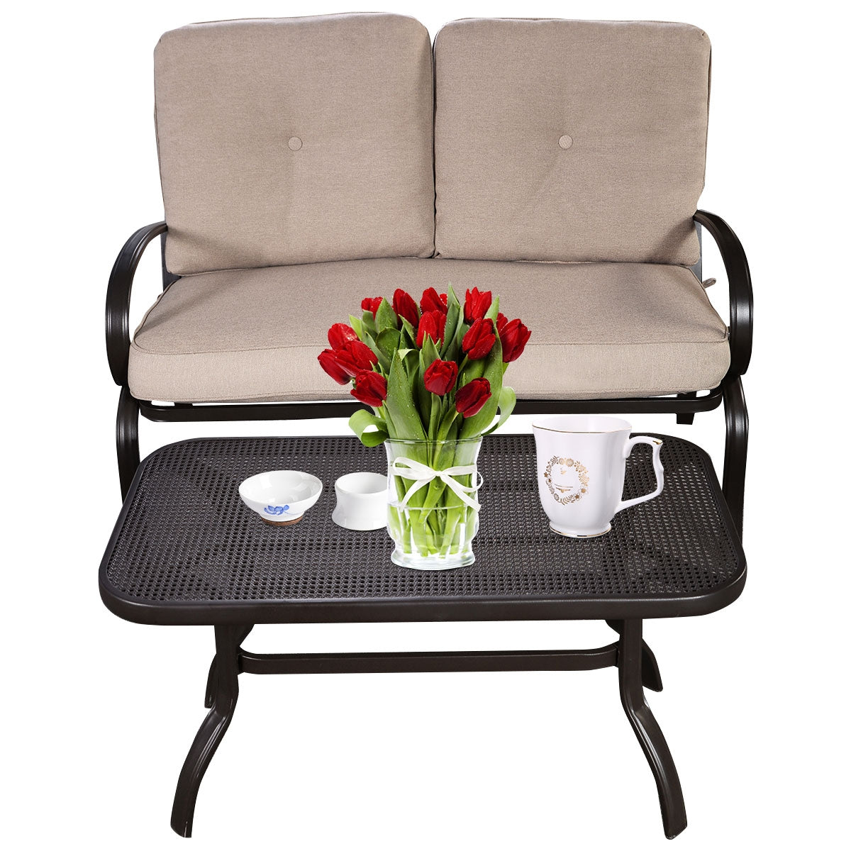 2 Pieces Patio Outdoor Cushioned Coffee Table Seat