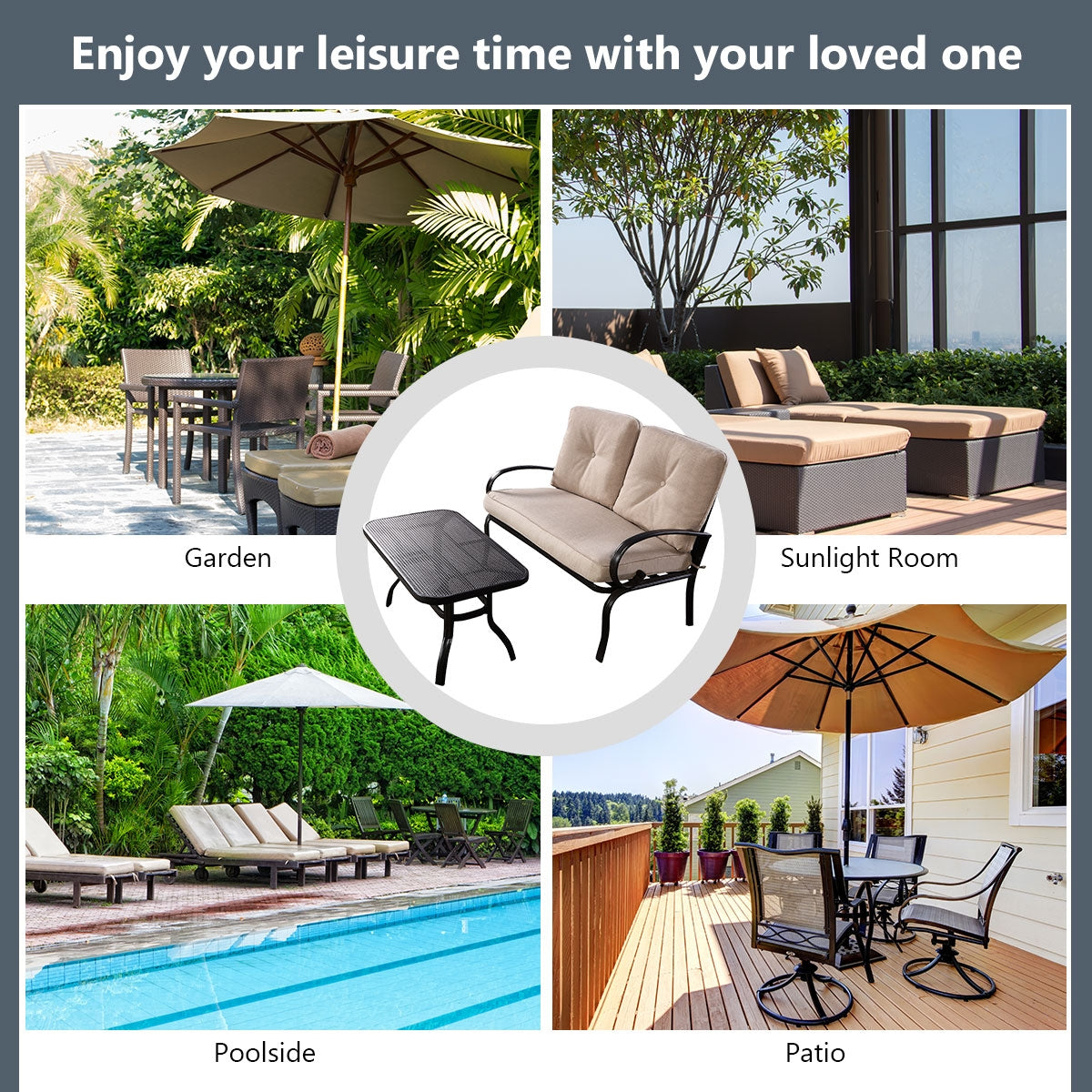 2 Pieces Patio Outdoor Cushioned Coffee Table Seat