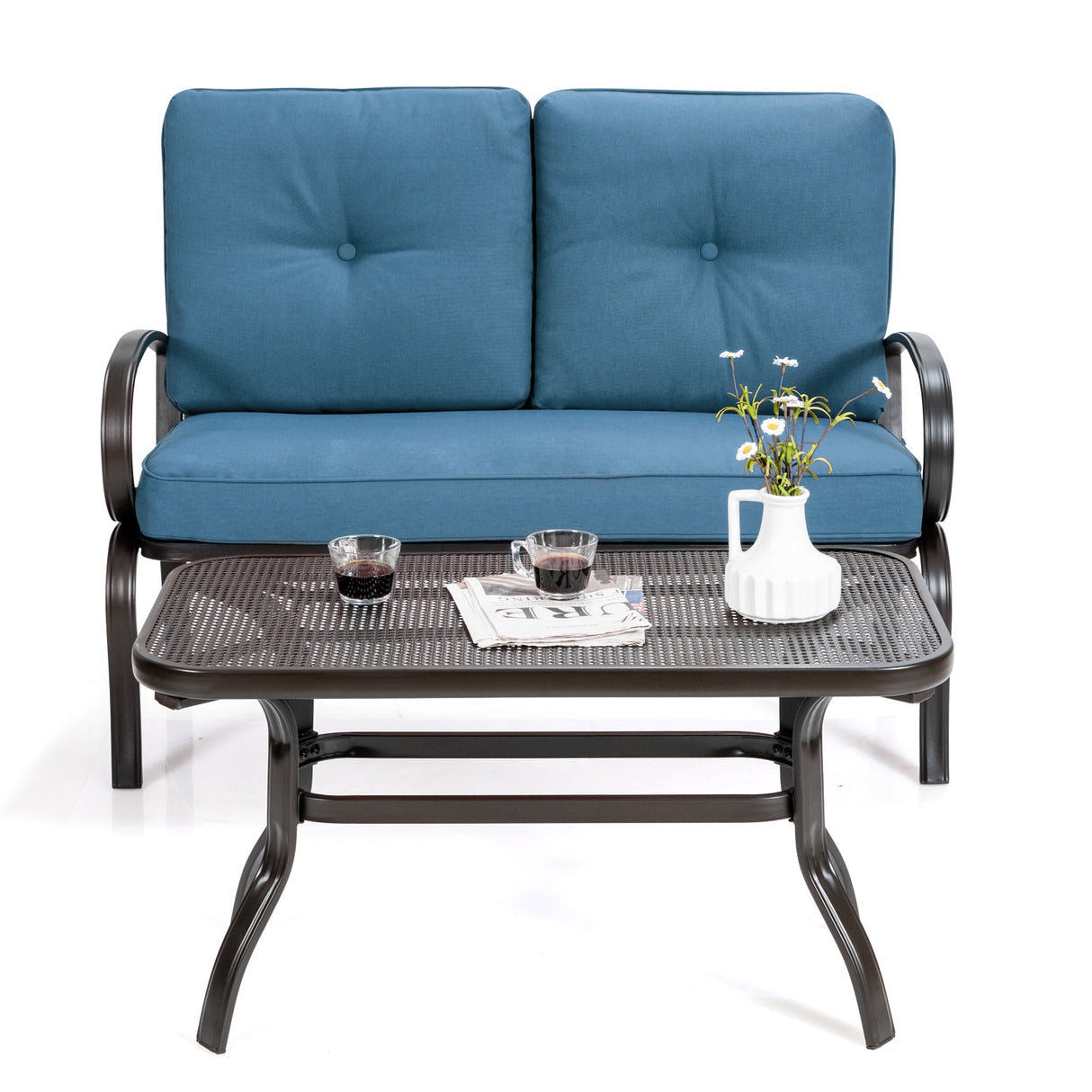 2 Pieces Patio Outdoor Cushioned Coffee Table Seat