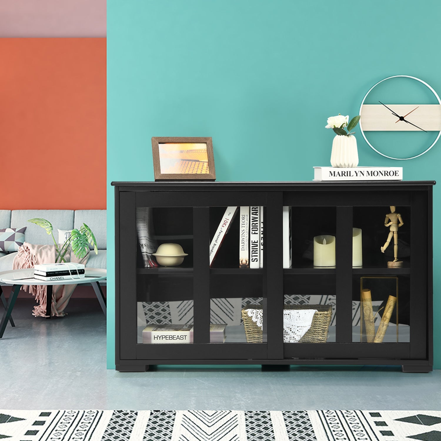 Kitchen Storage Cabinet with Glass Sliding Door