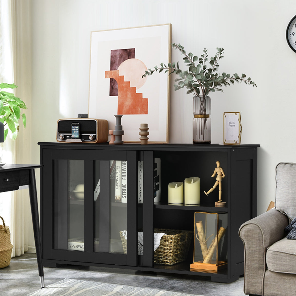 Kitchen Storage Cabinet with Glass Sliding Door