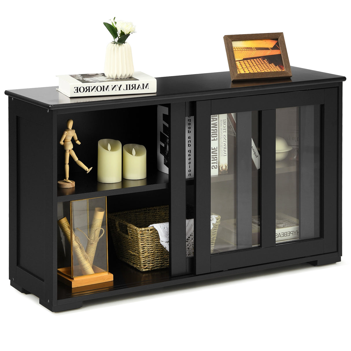 Kitchen Storage Cabinet with Glass Sliding Door