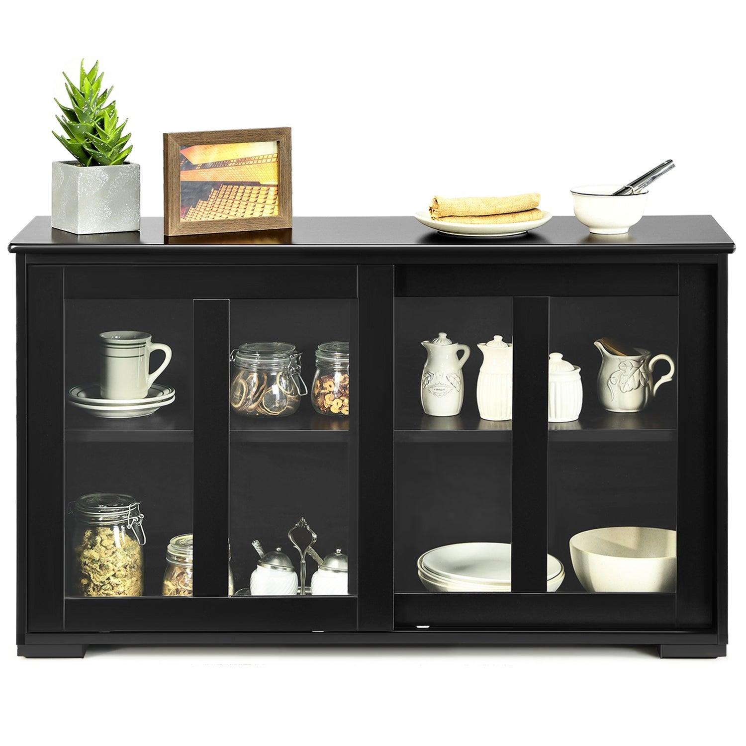 Kitchen Storage Cabinet with Glass Sliding Door