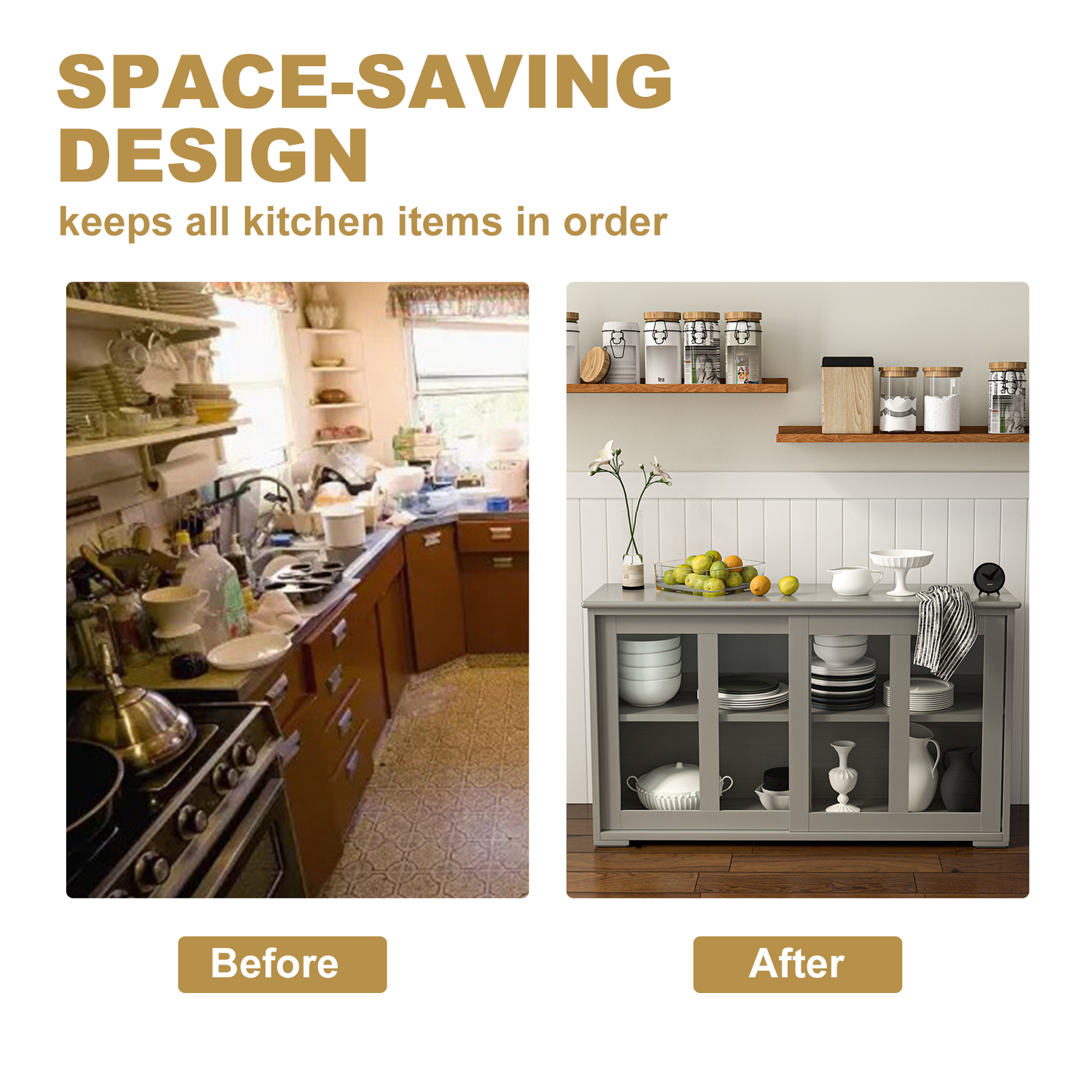 Kitchen Storage Cabinet with Glass Sliding Door