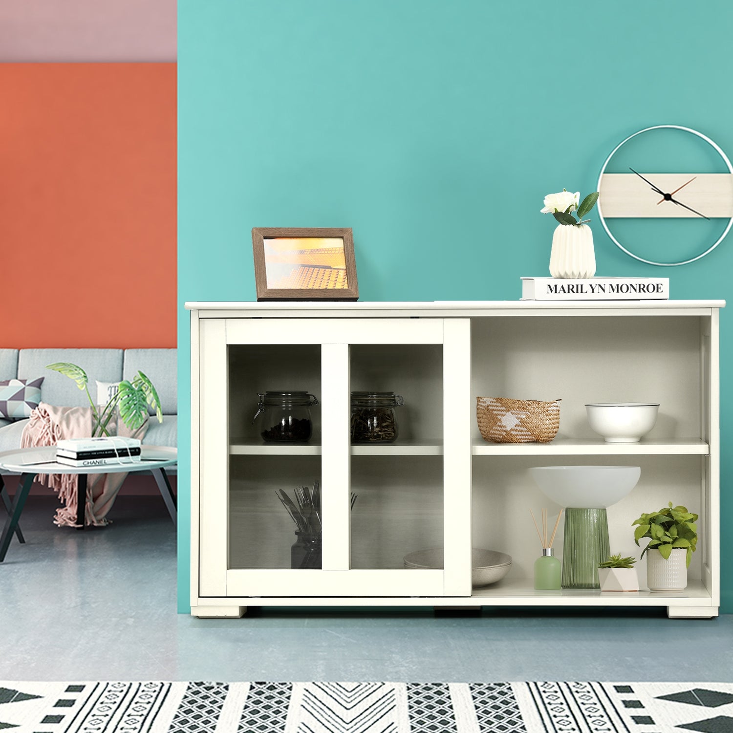 Kitchen Storage Cabinet with Glass Sliding Door