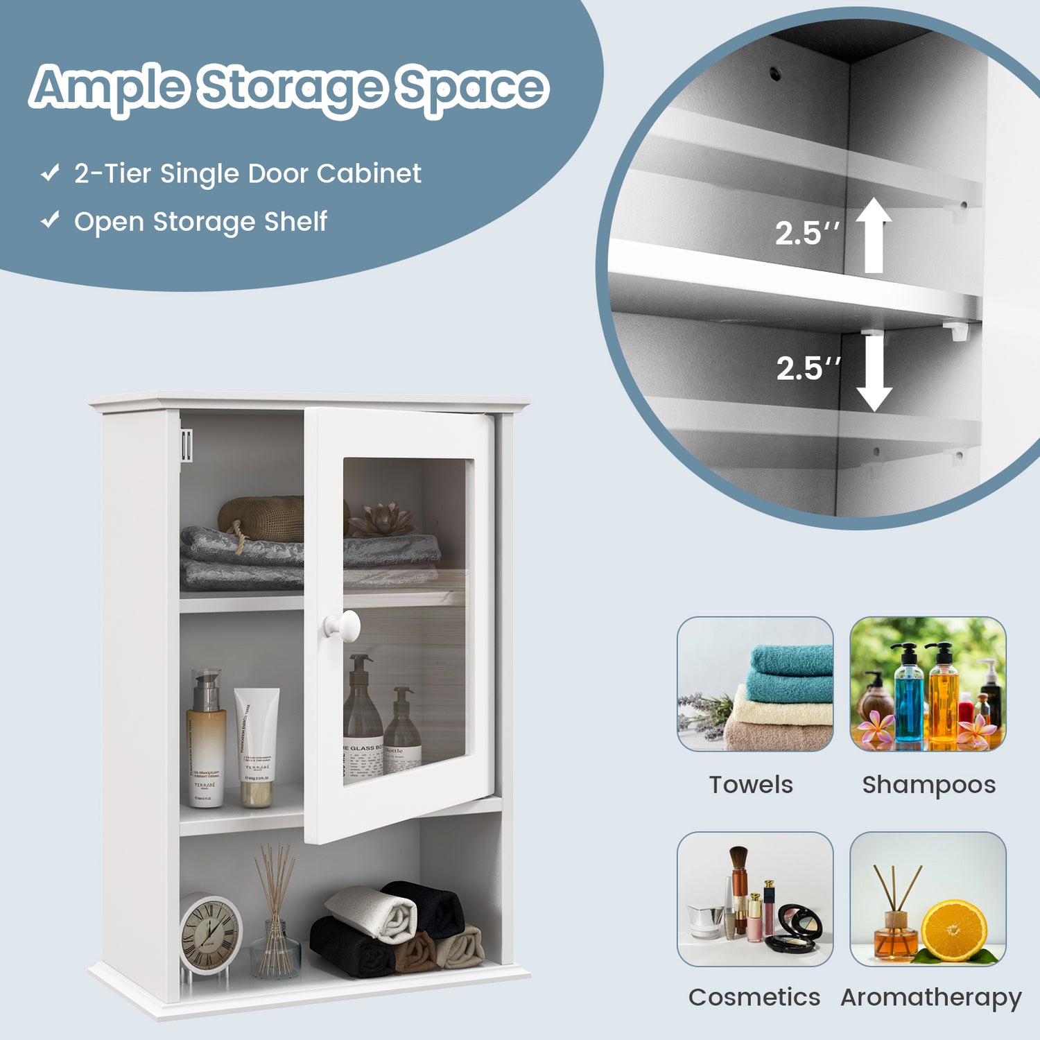 Bathroom Wall Mounted Adjustable Hanging Storage Medicine Cabinet-White