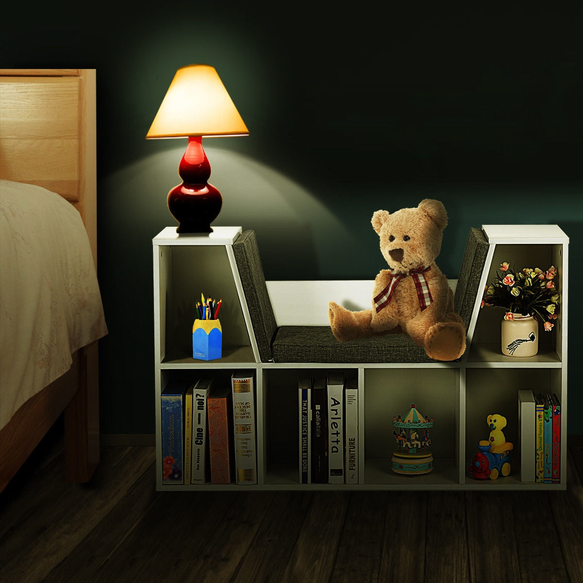 6-Cubby Kid Storage Bookcase Cushioned Reading Nook