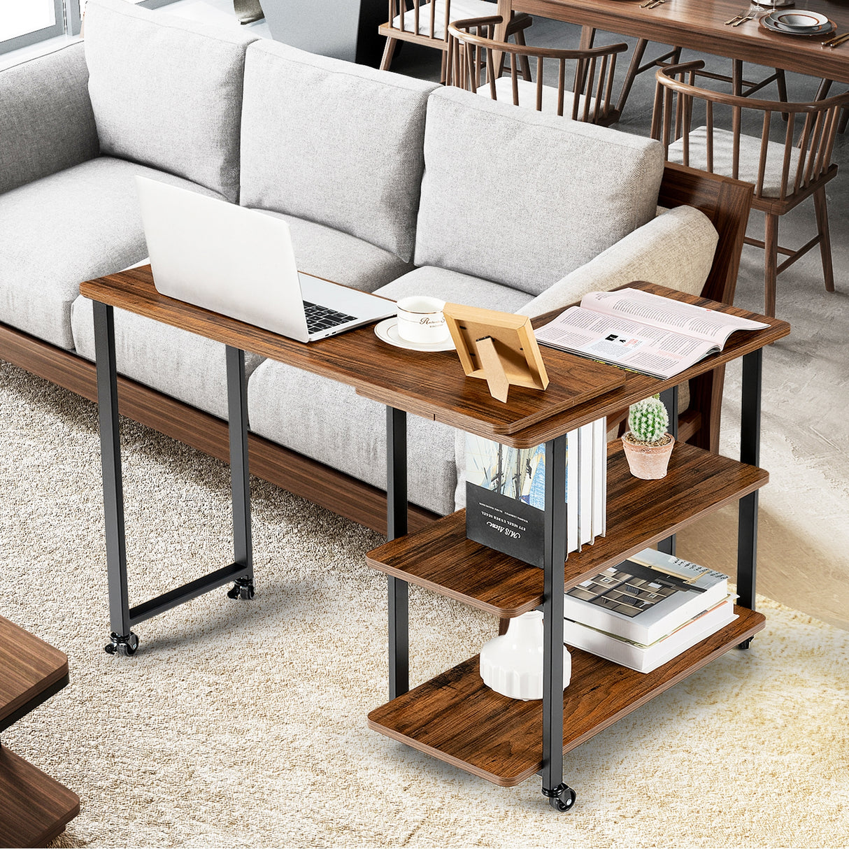 360° Rotating Sofa Side Table with Storage Shelves and Wheels