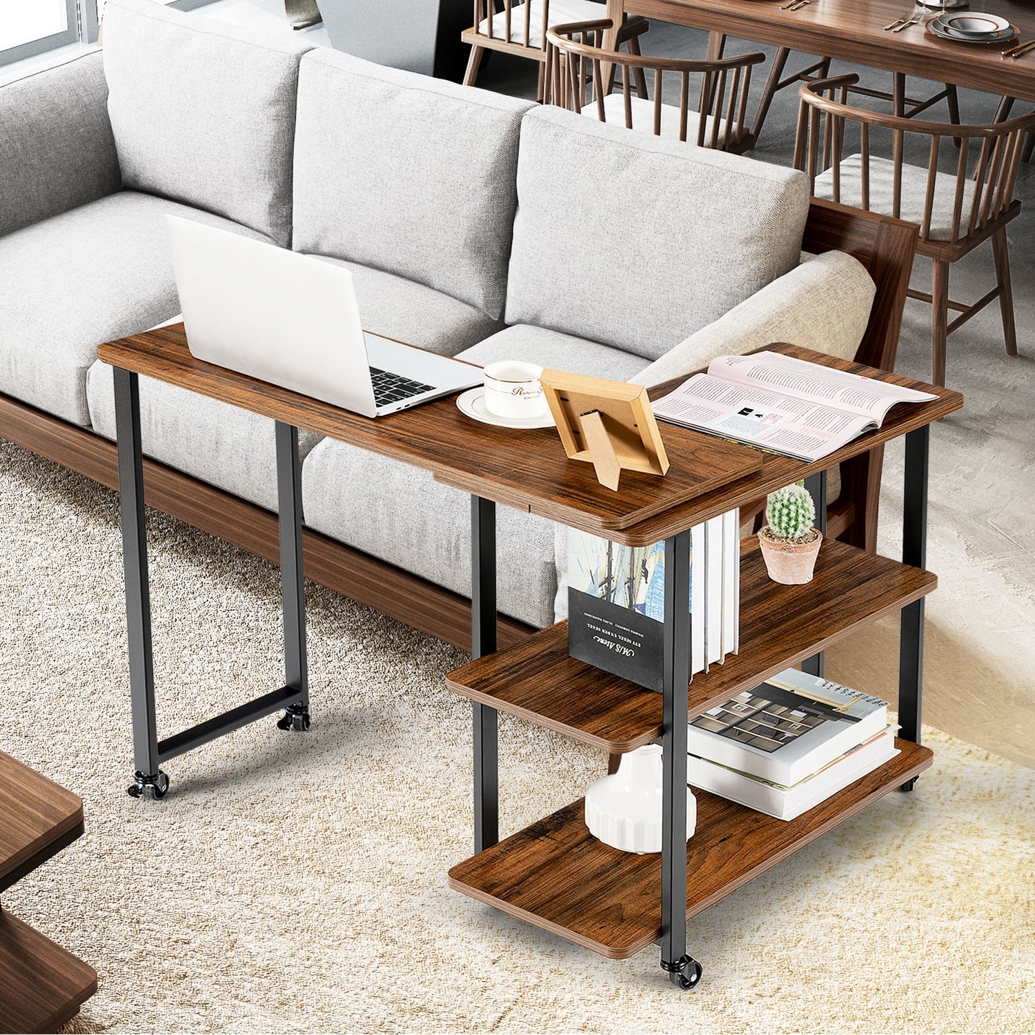360° Rotating Sofa Side Table with Storage Shelves and Wheels