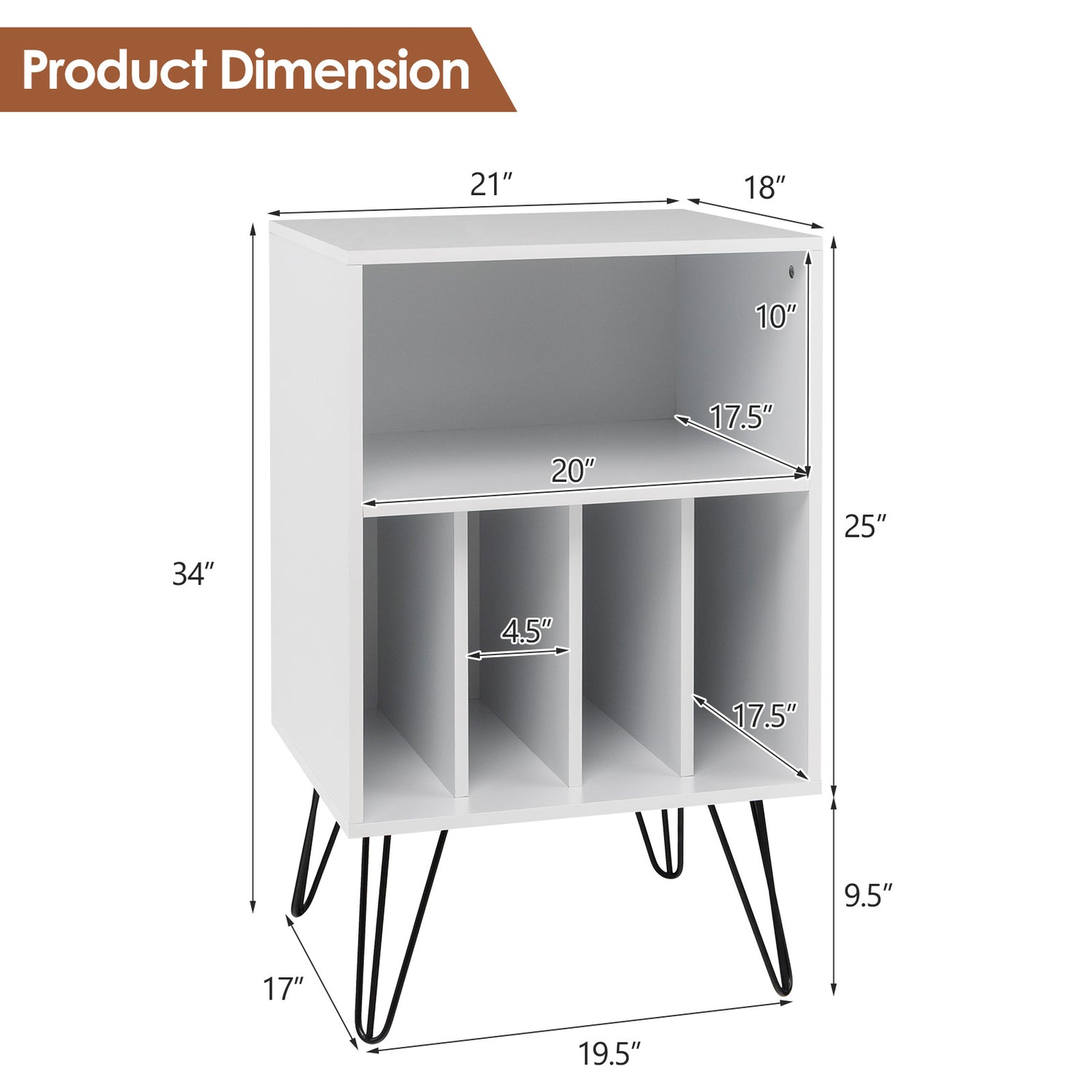 Freestanding Record Player Stand Storage Cabinet with Metal Legs