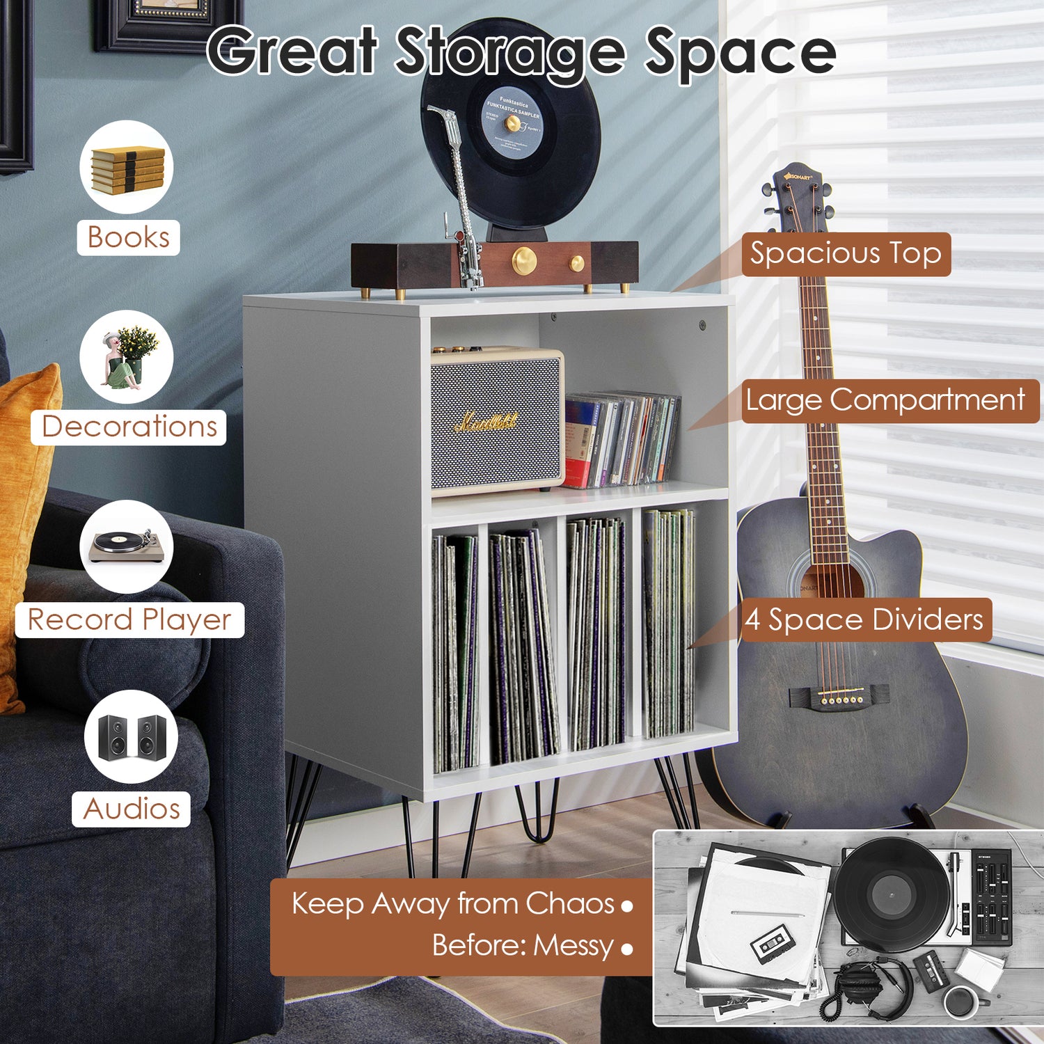 Freestanding Record Player Stand Storage Cabinet with Metal Legs