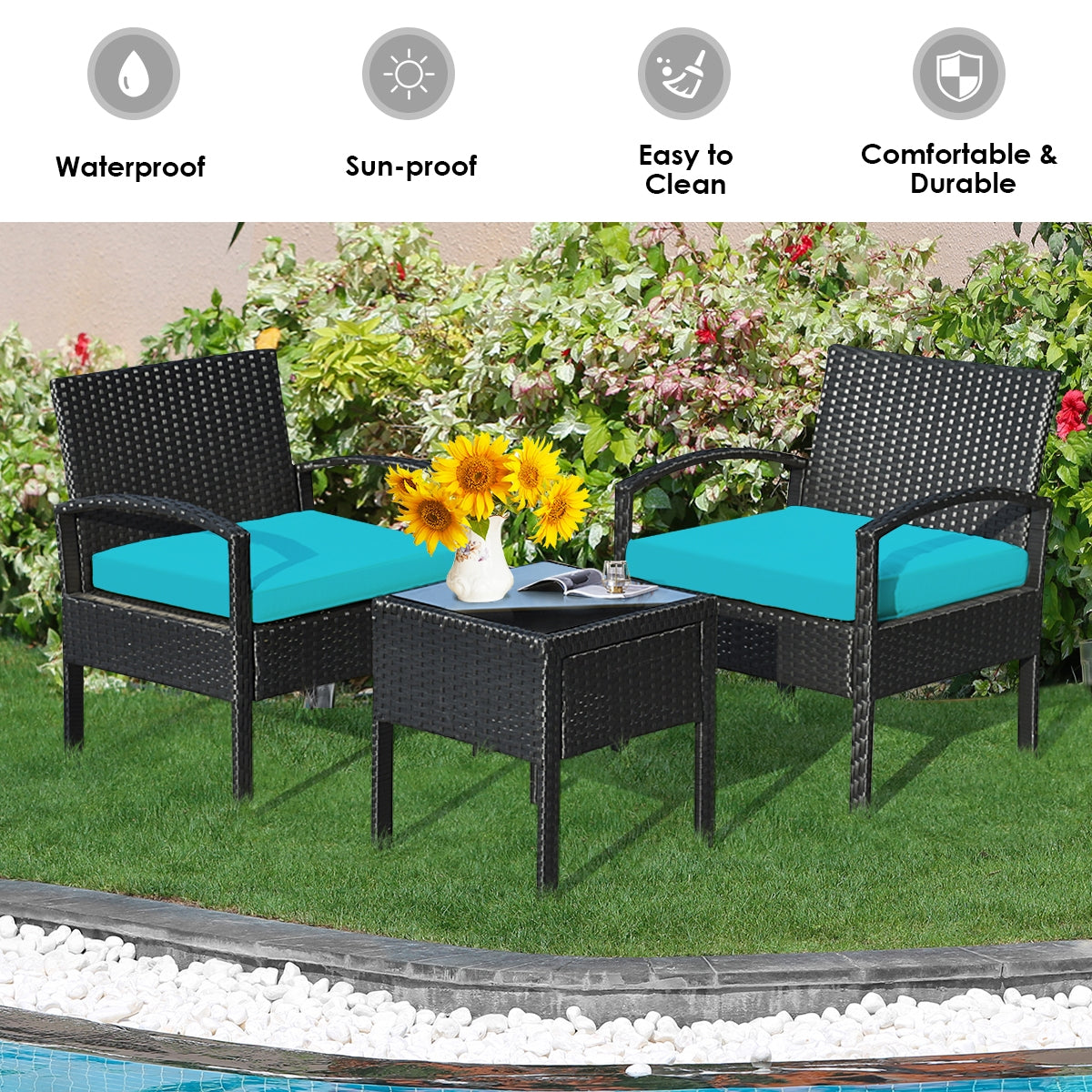 3 Pieces Outdoor Rattan Patio Conversation Set with Seat Cushions