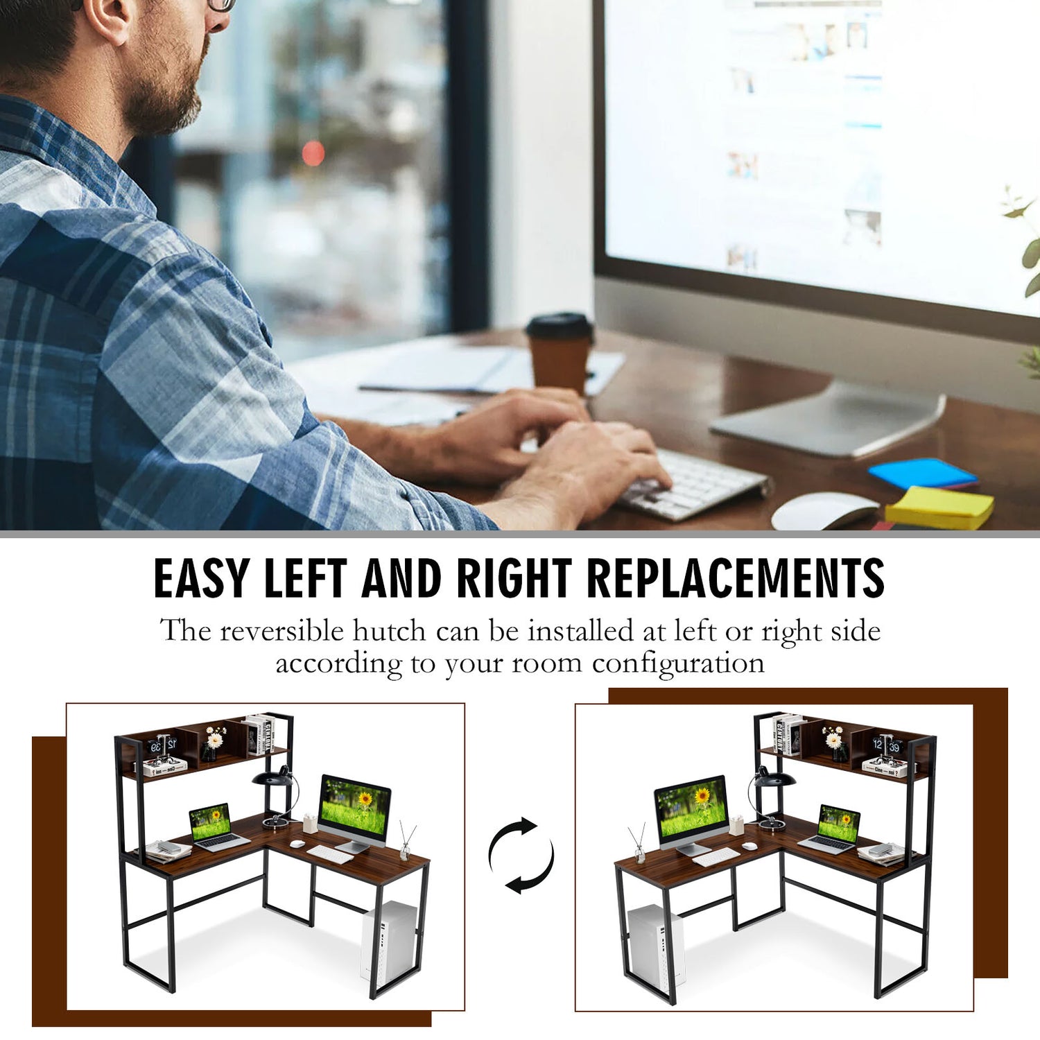 Reversible L-Shaped Corner Desk with Storage Bookshelf