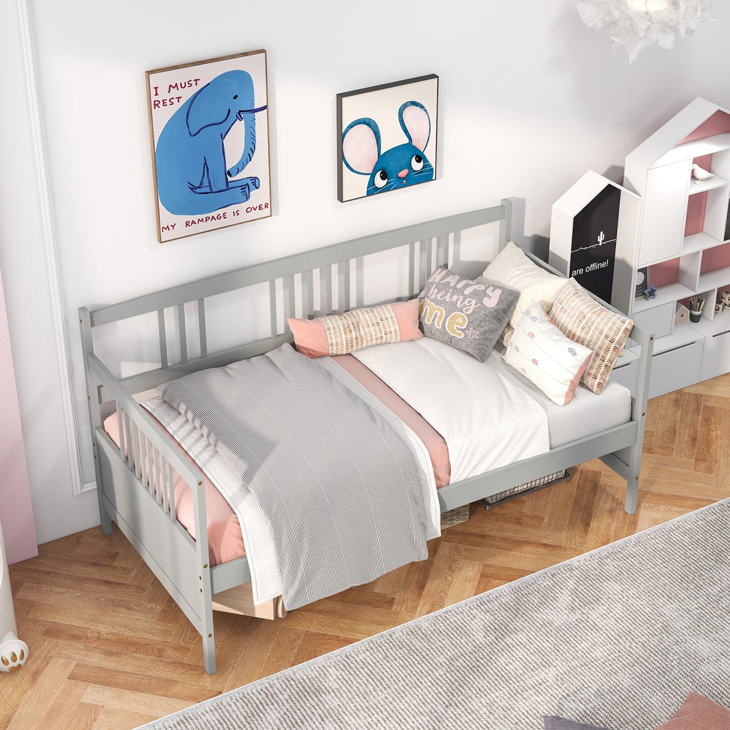 Twin Size Wooden Slats Daybed Bed with Rails