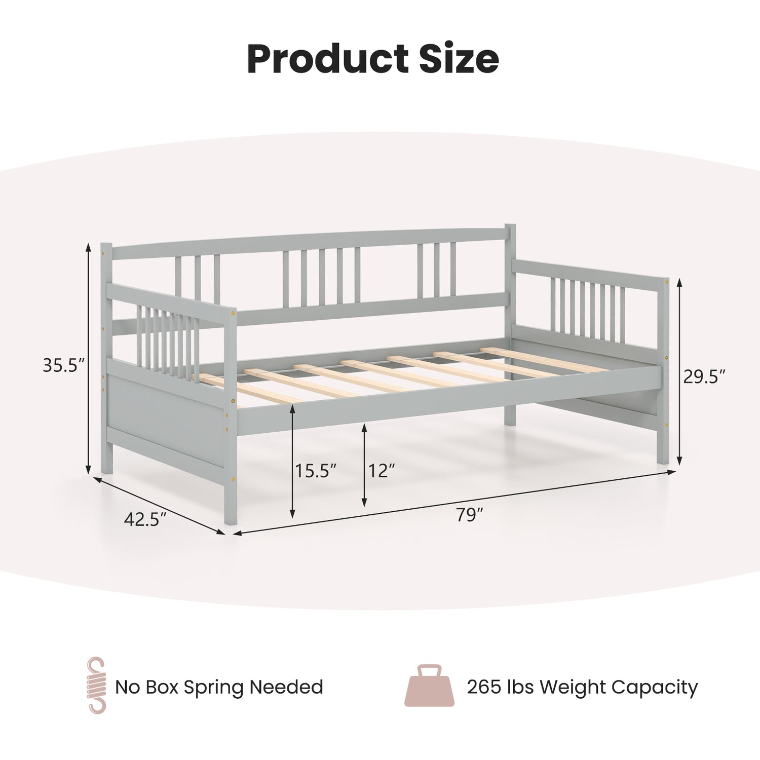 Twin Size Wooden Slats Daybed Bed with Rails