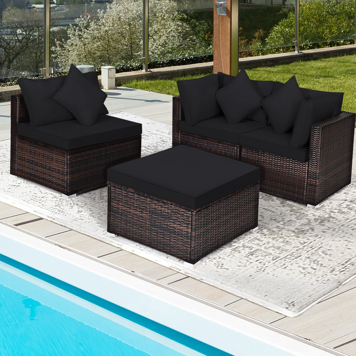4 Pcs Ottoman Garden Deck Patio Rattan Wicker Furniture Set Cushioned Sofa