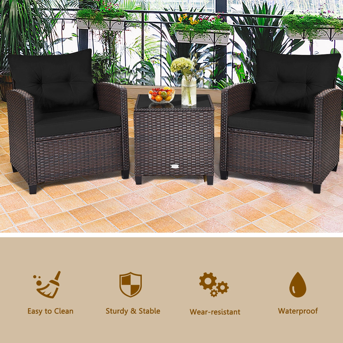 3 Pcs Patio Rattan Furniture Set Cushioned Conversation Set Coffee Table