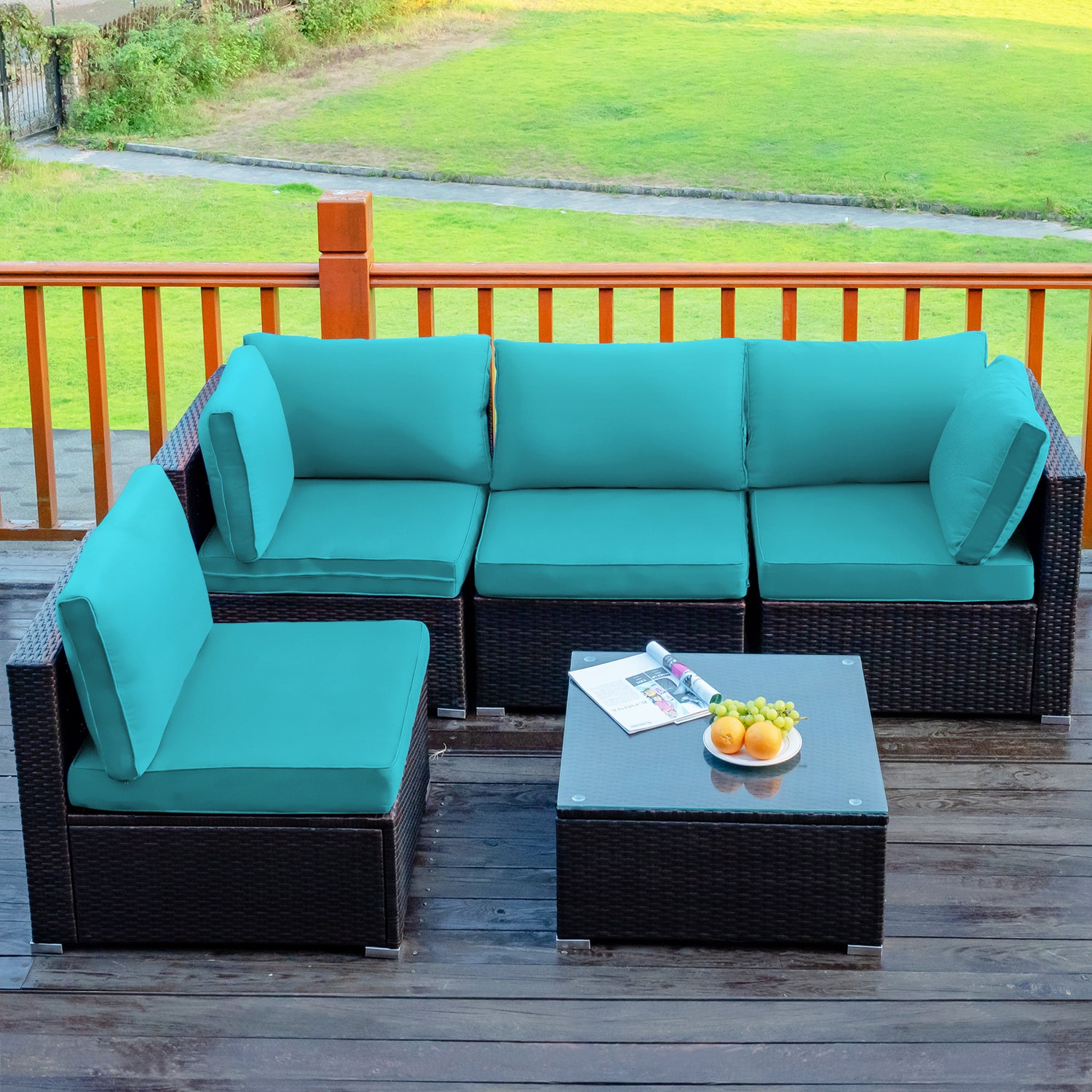 5 Pieces Cushioned Patio Rattan Furniture Set with Glass Table