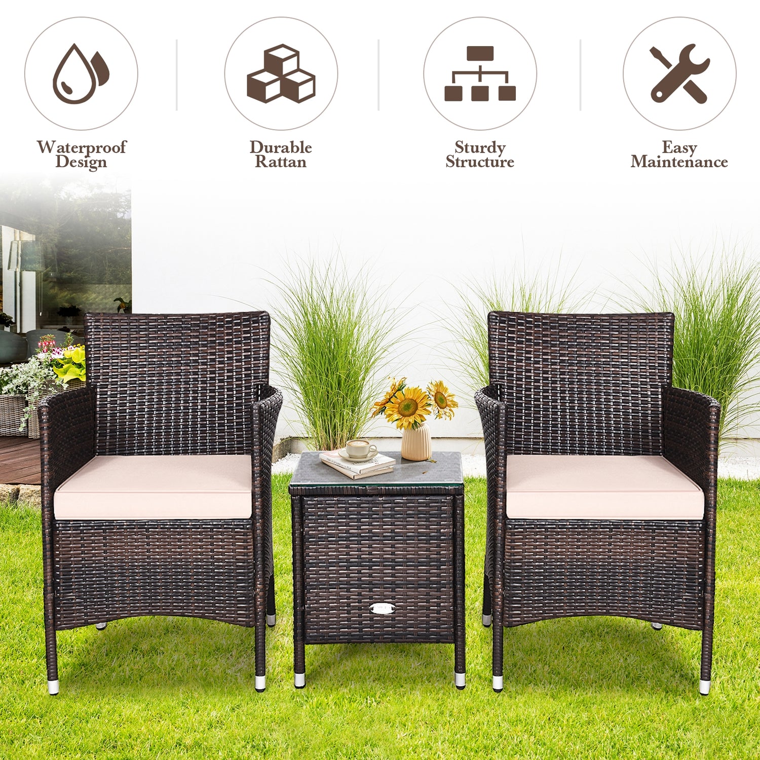 3 Pcs Outdoor Rattan Wicker Furniture Set