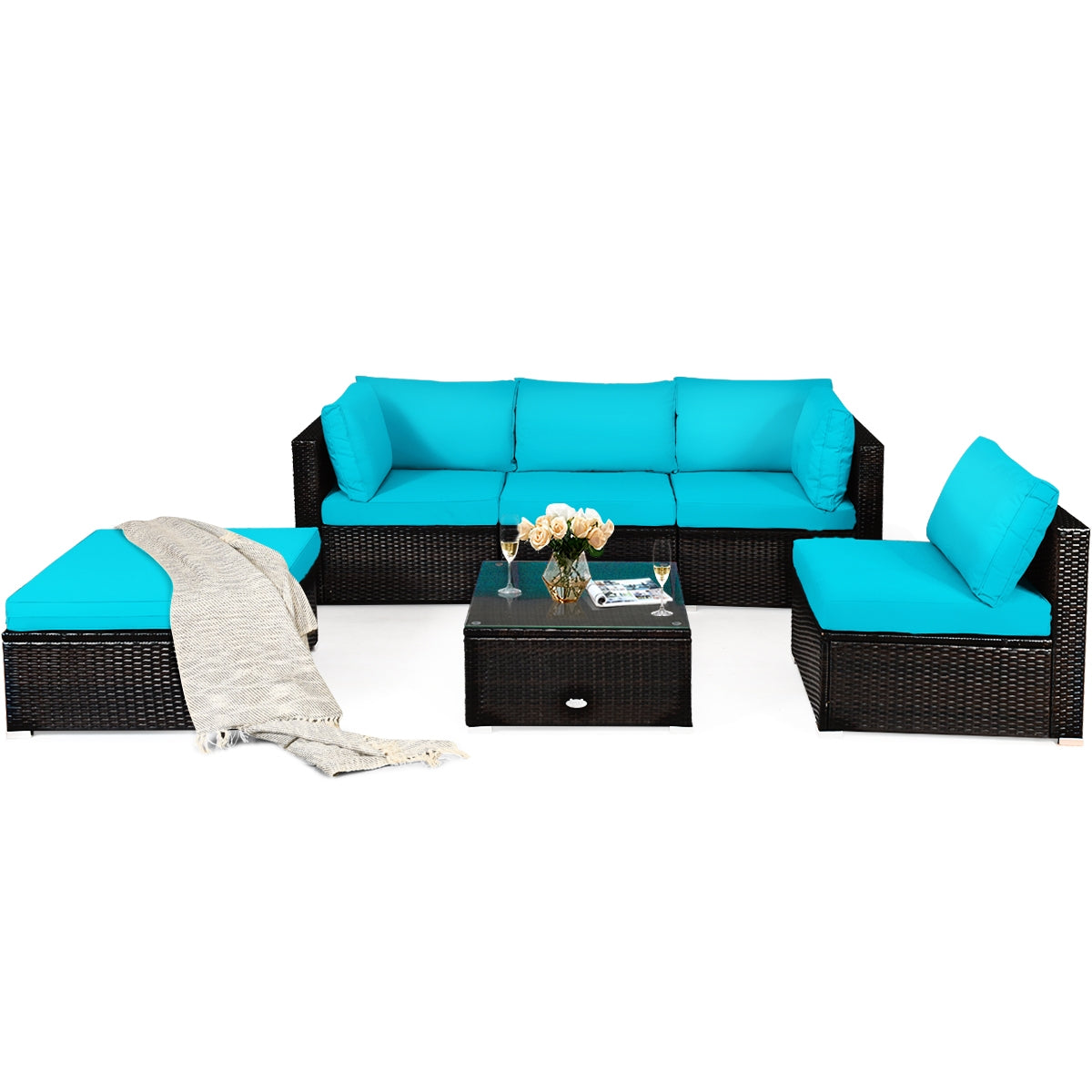 6 Pieces Outdoor Patio Rattan Furniture Set Sofa Ottoman