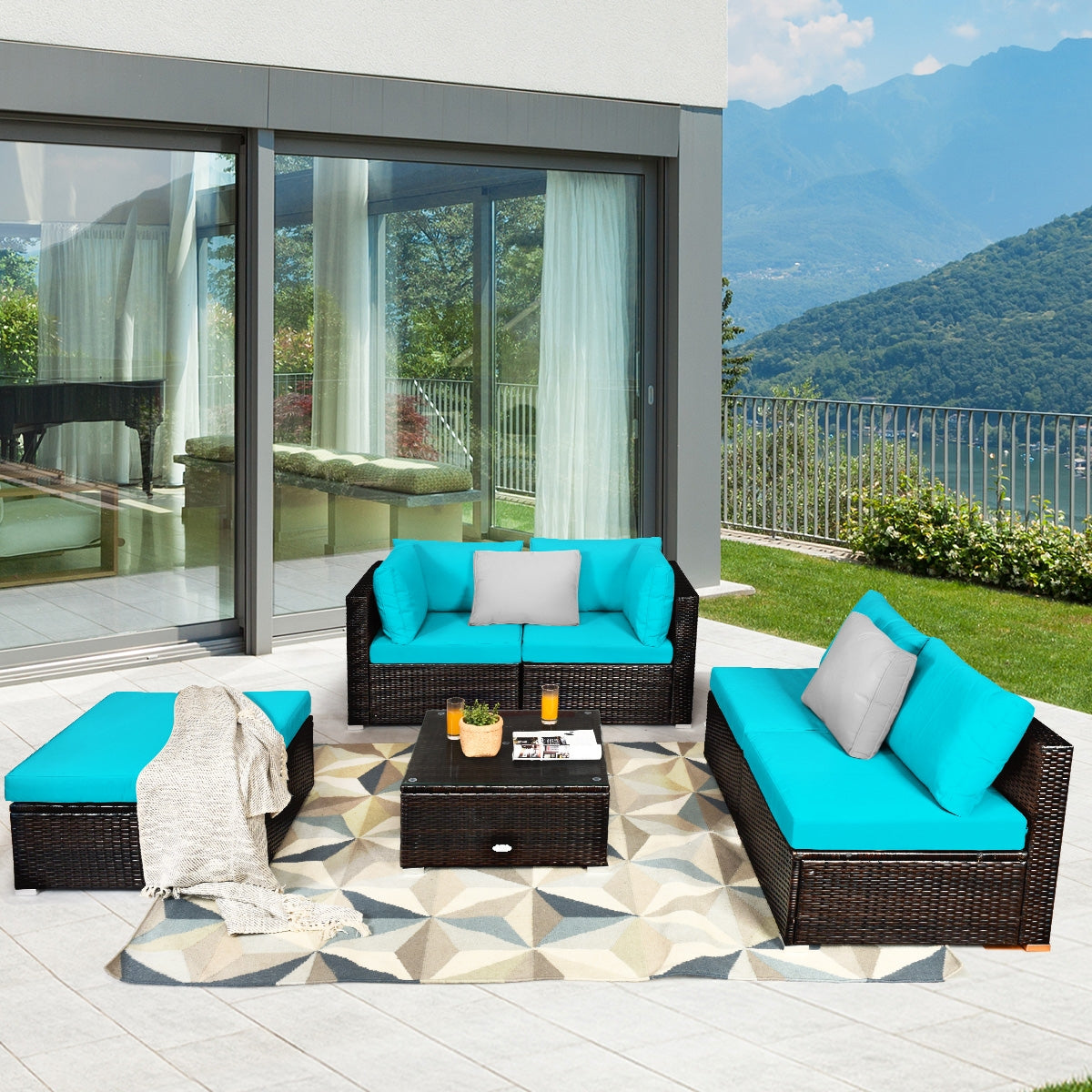 6 Pieces Outdoor Patio Rattan Furniture Set Sofa Ottoman