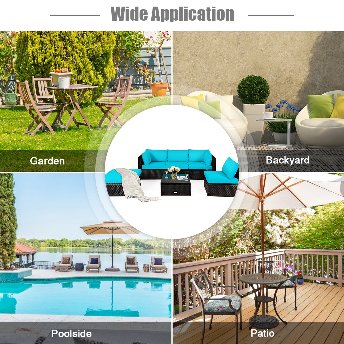 6 Pieces Outdoor Patio Rattan Furniture Set Sofa Ottoman