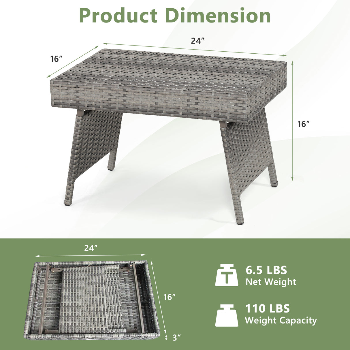 Folding PE Rattan Side Coffee Table Patio Garden Furniture