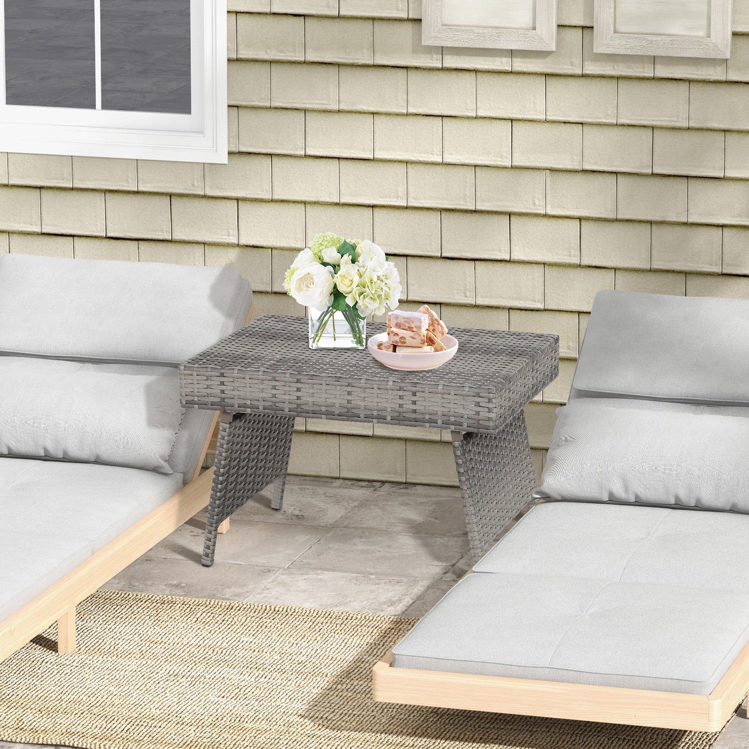 Folding PE Rattan Side Coffee Table Patio Garden Furniture