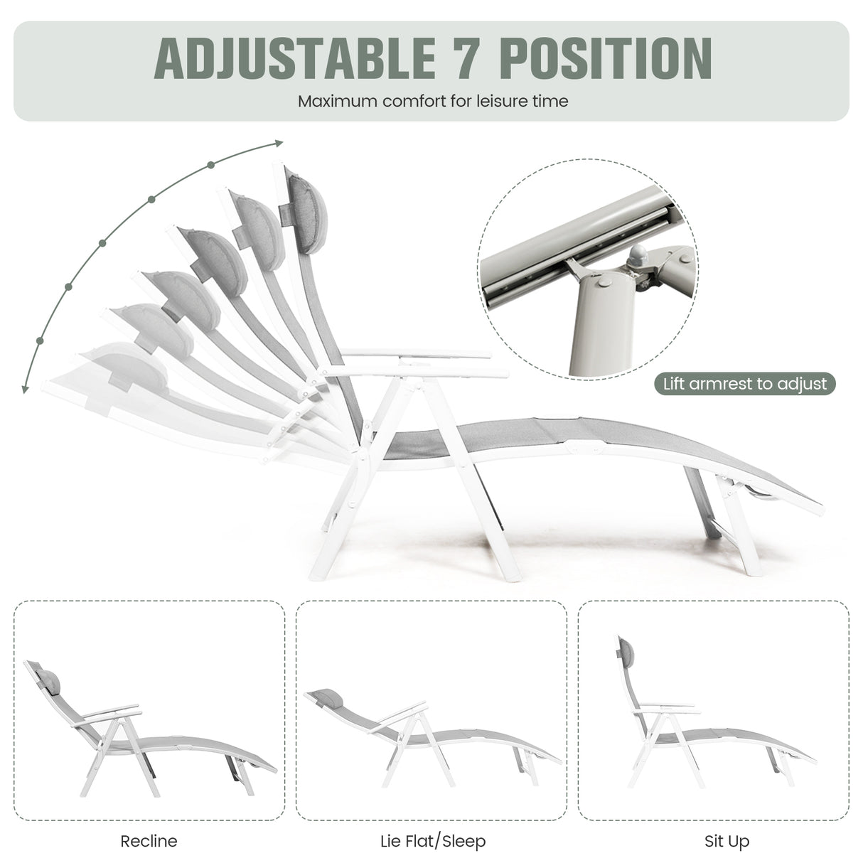 Adjustable Outdoor Lightweight Folding Chaise Lounge Chair with Pillow