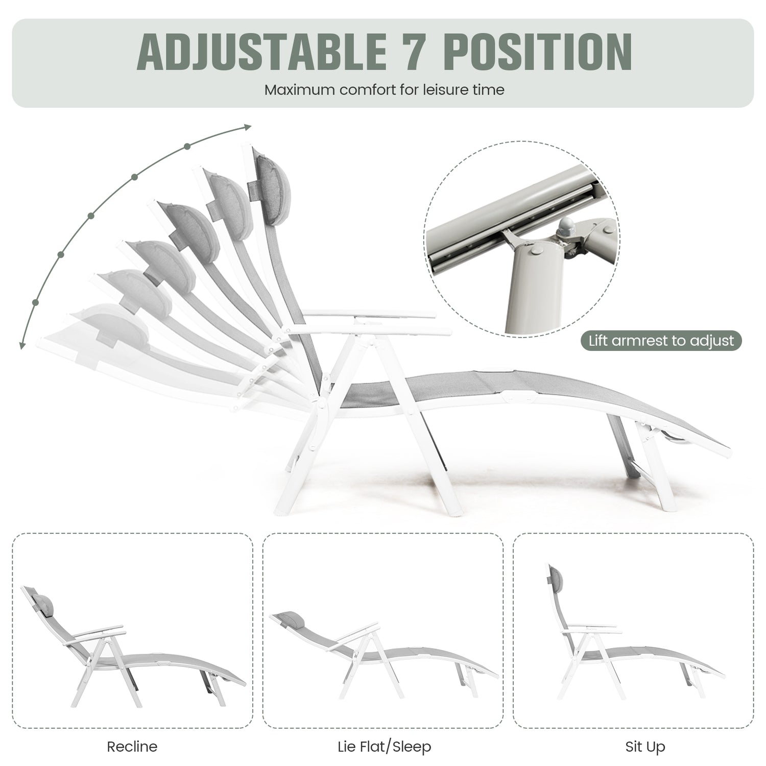 Adjustable Outdoor Lightweight Folding Chaise Lounge Chair with Pillow