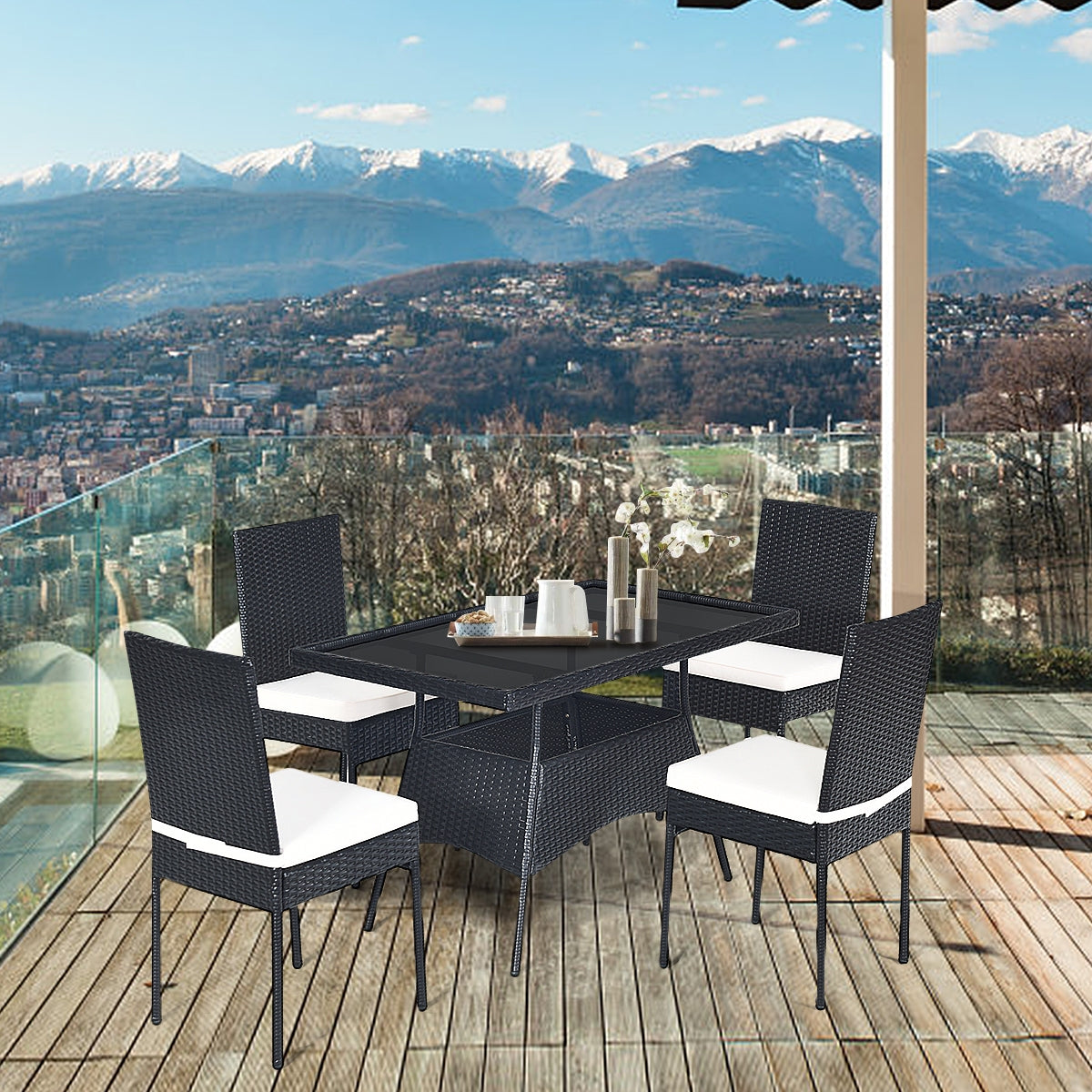 5 Pieces Rattan Dining Set Glass Table High Back Chair