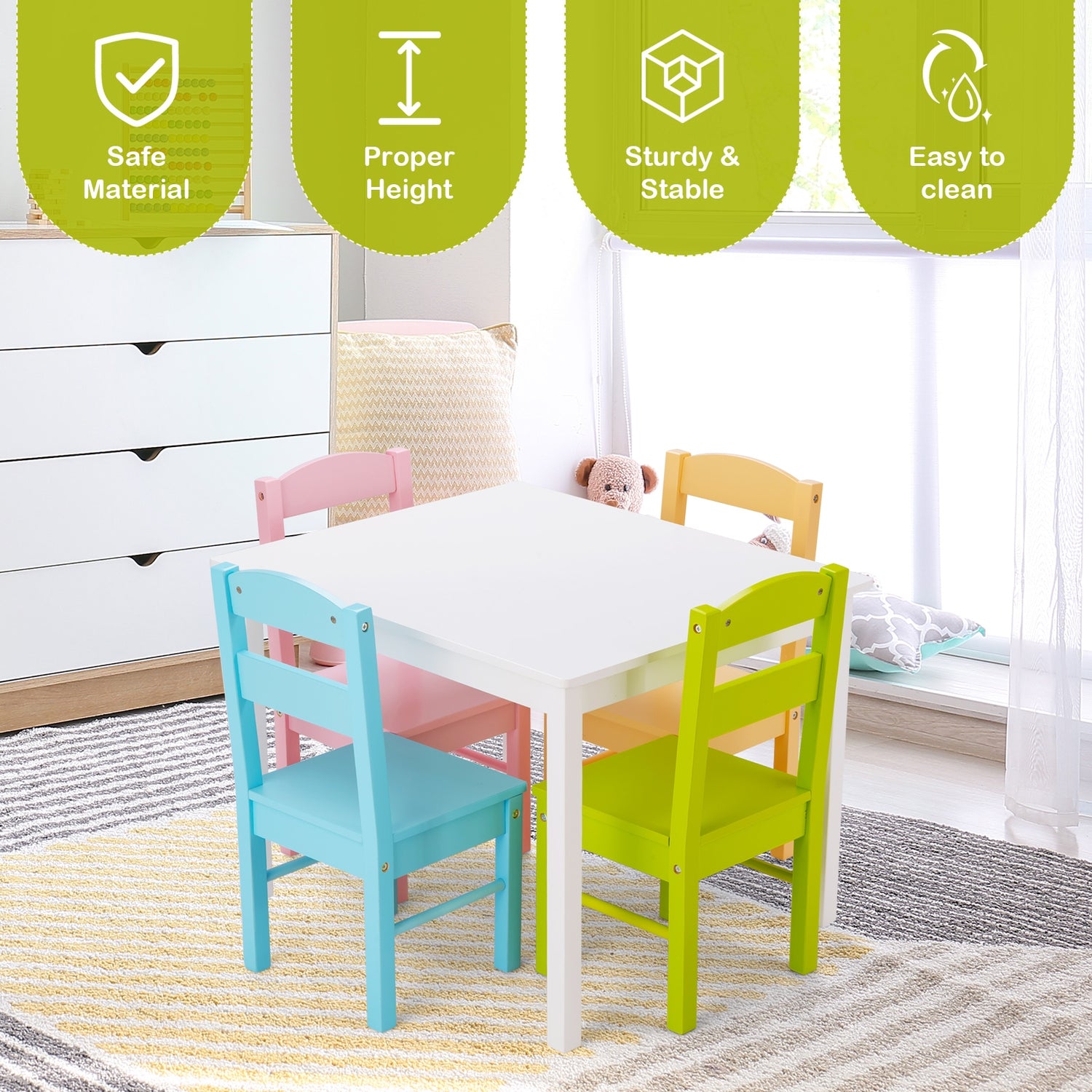 5 pcs Kids Pine Wood Multicolor Table Chair Set