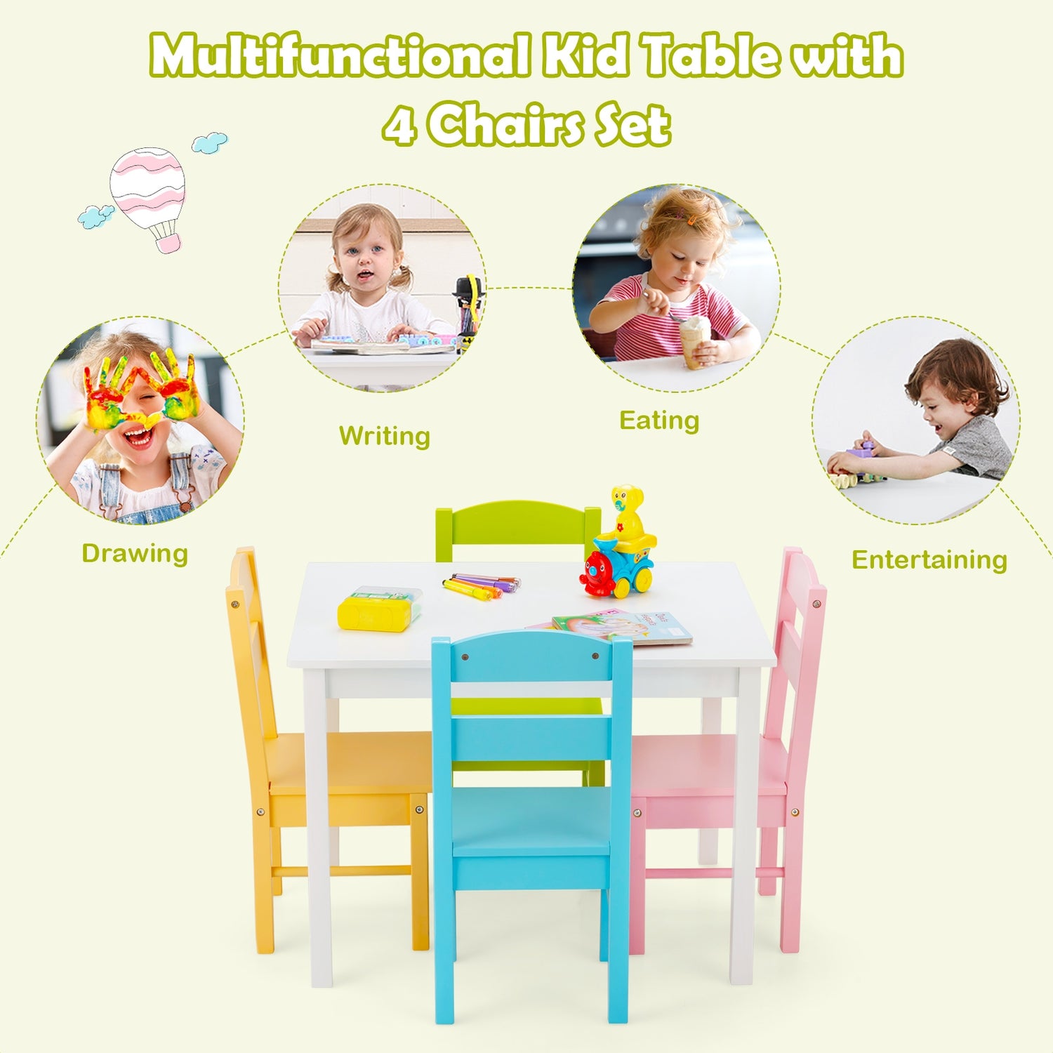 5 pcs Kids Pine Wood Multicolor Table Chair Set