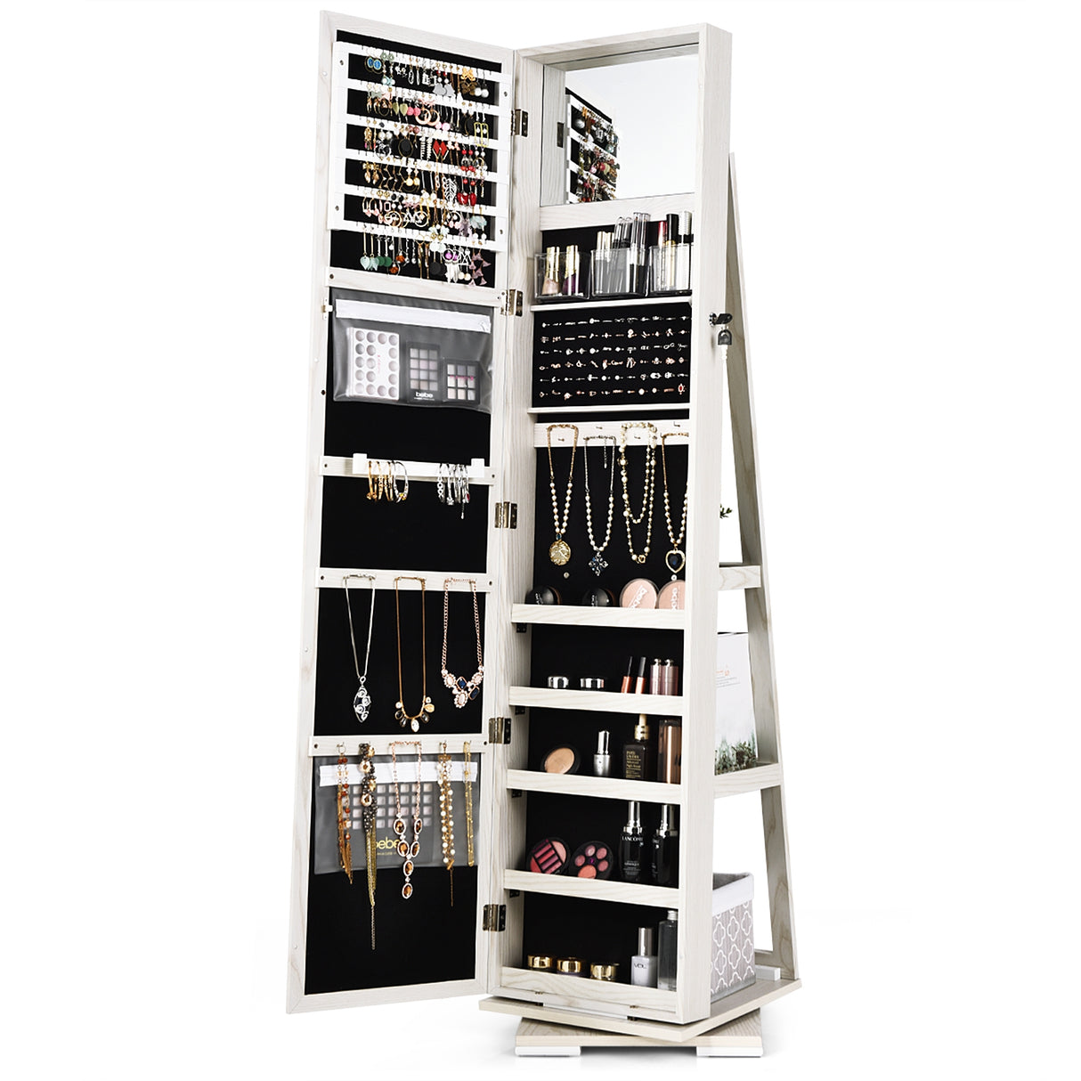 360° Rotatable 2-in-1 Lockable Jewelry Cabinet with Full-Length Mirror