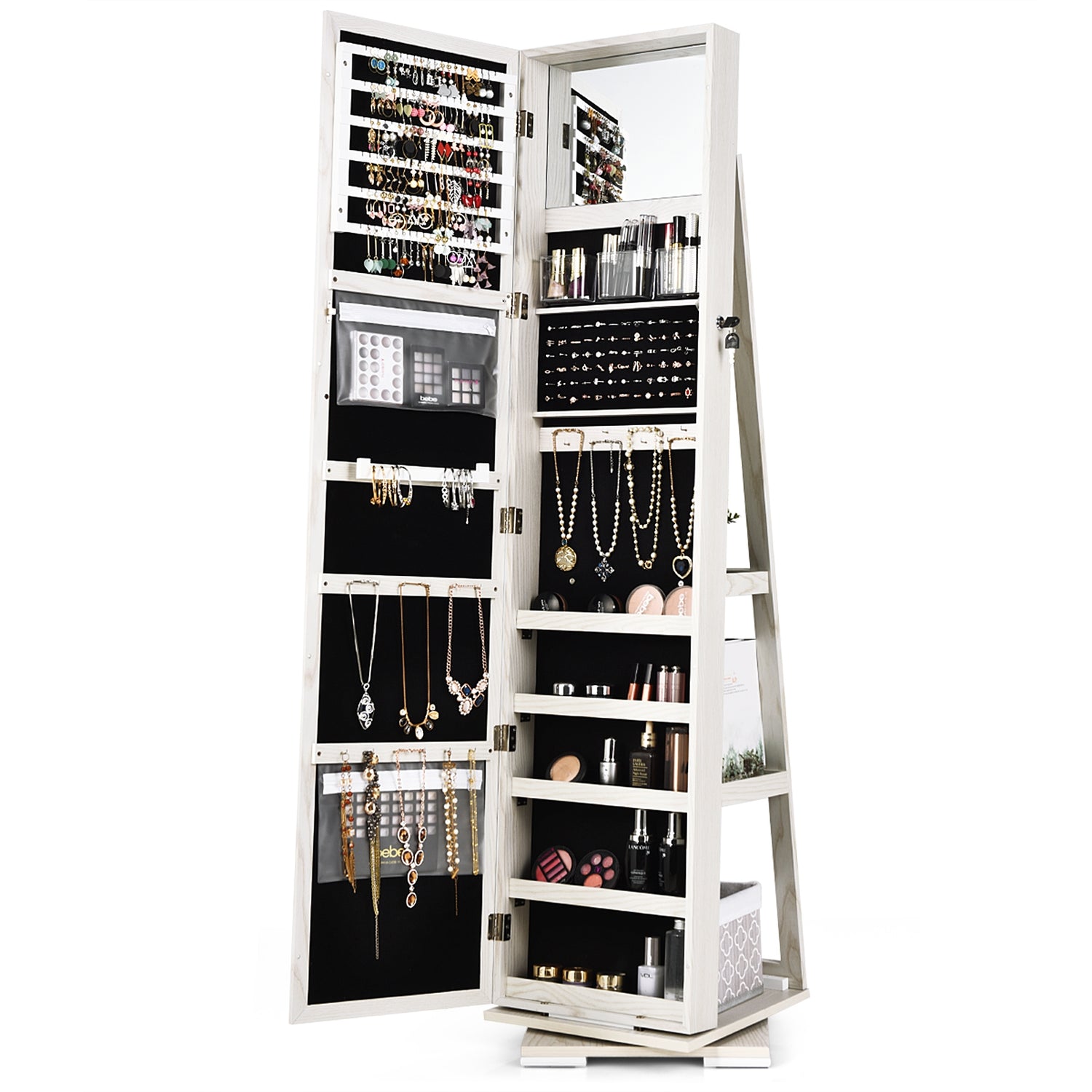 360° Rotatable 2-in-1 Lockable Jewelry Cabinet with Full-Length Mirror