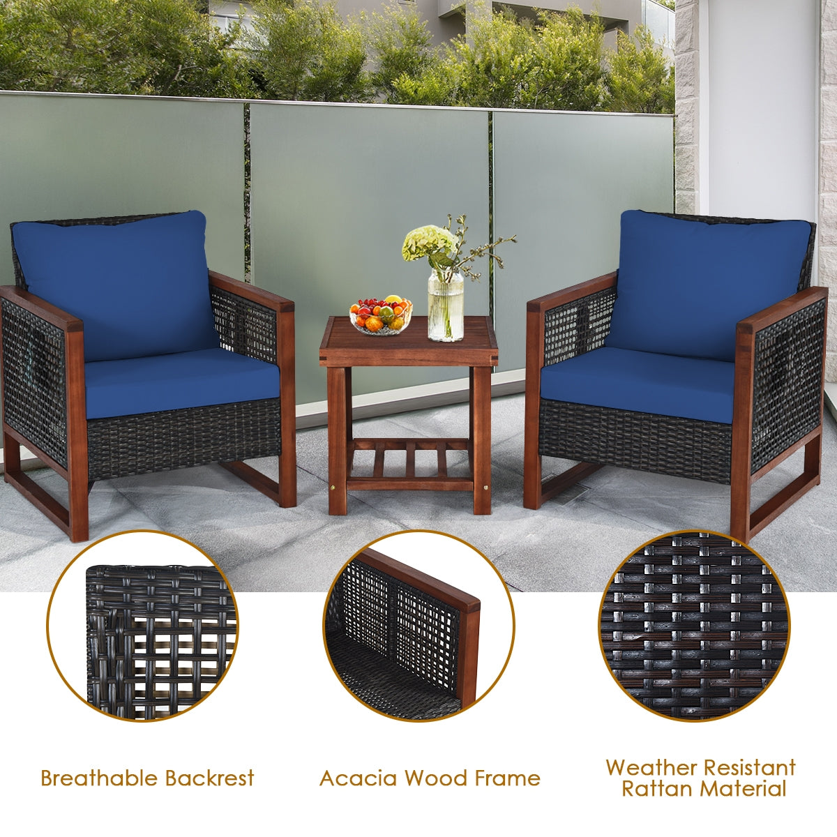3 Pieces Patio Wicker Furniture Set with Washable Cushion and Acacia Wood Coffee Table