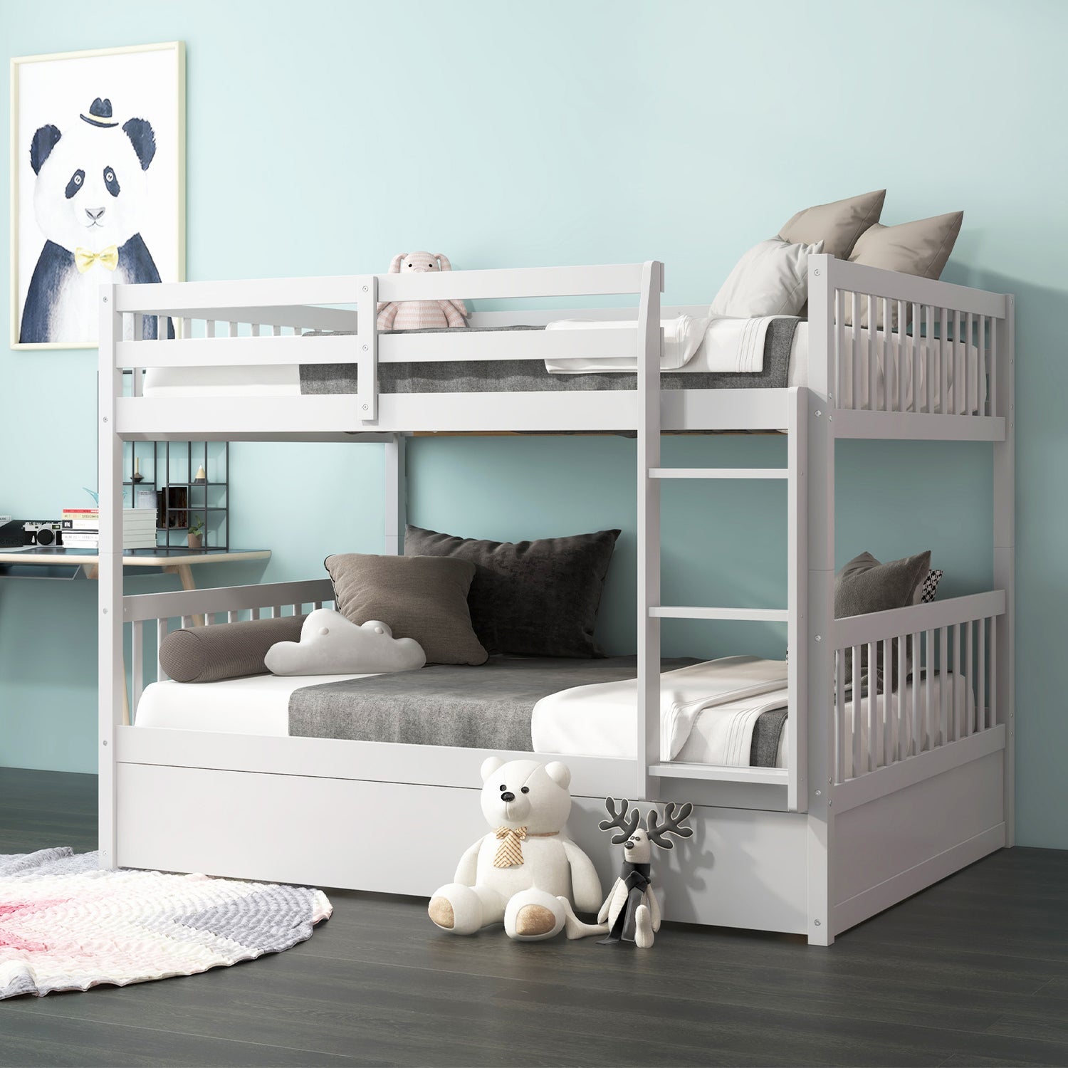 Full over Full Bunk Bed Platform Wood Bed with Ladder