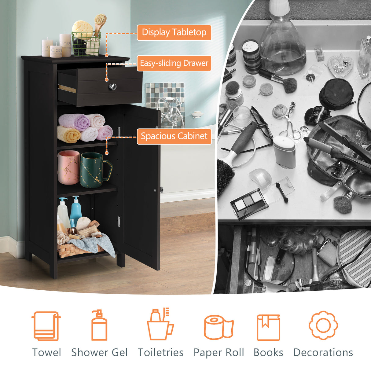 Wooden Storage Free-Standing Floor Cabinet with Drawer and Shelf