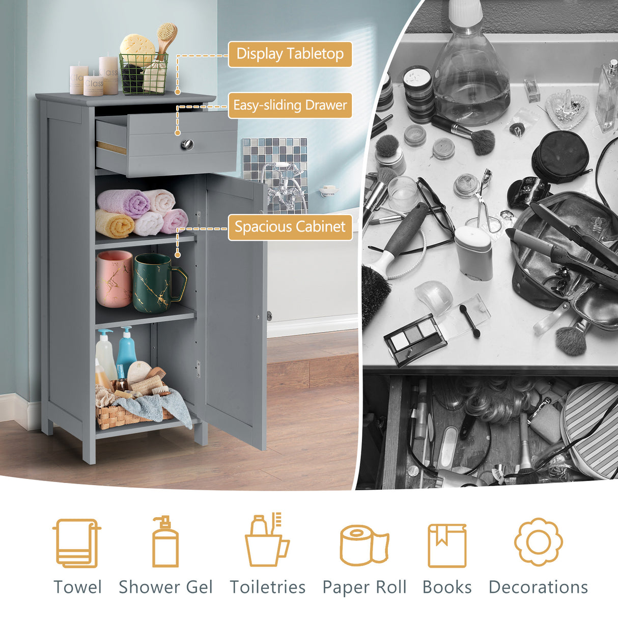 Wooden Storage Free-Standing Floor Cabinet with Drawer and Shelf