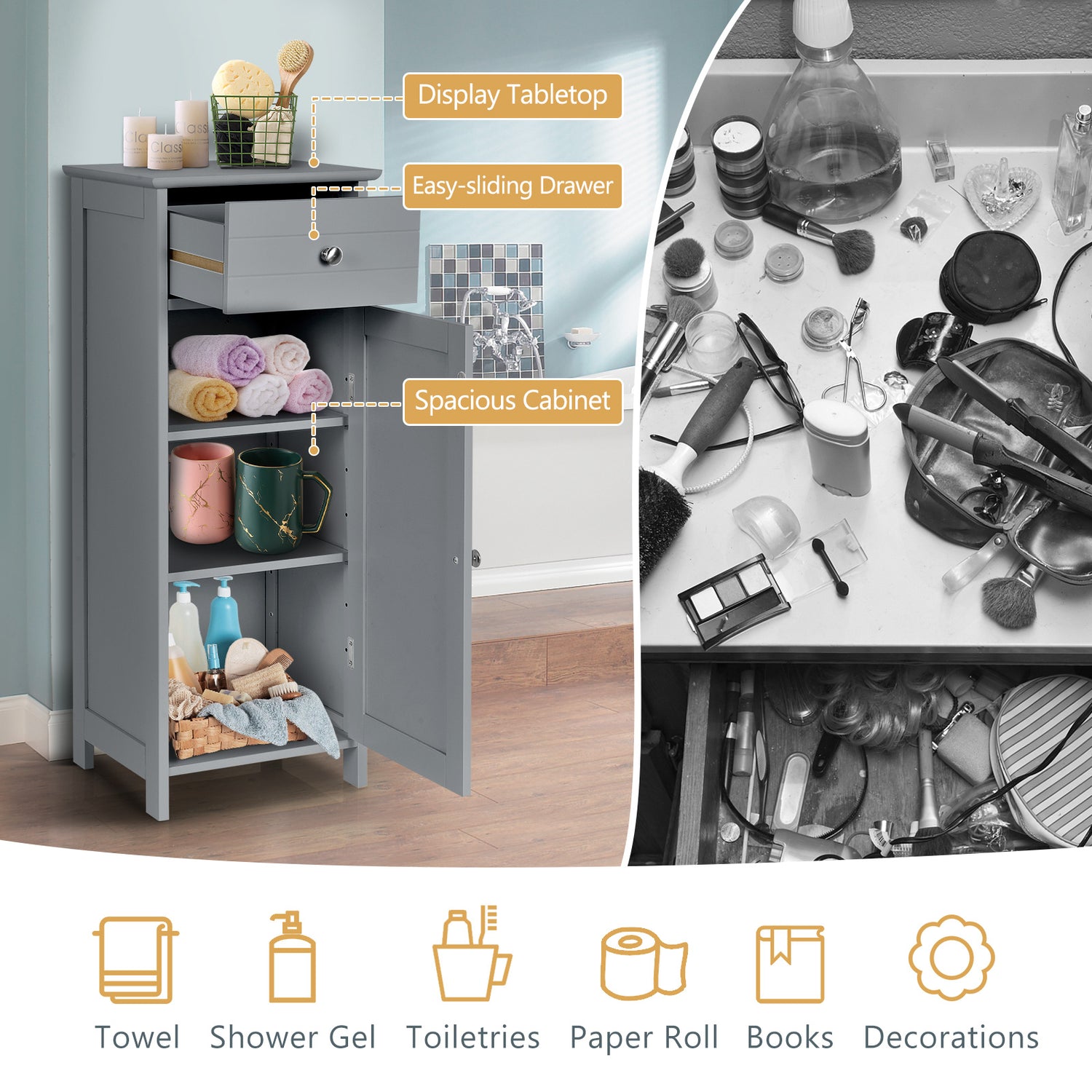 Wooden Storage Free-Standing Floor Cabinet with Drawer and Shelf