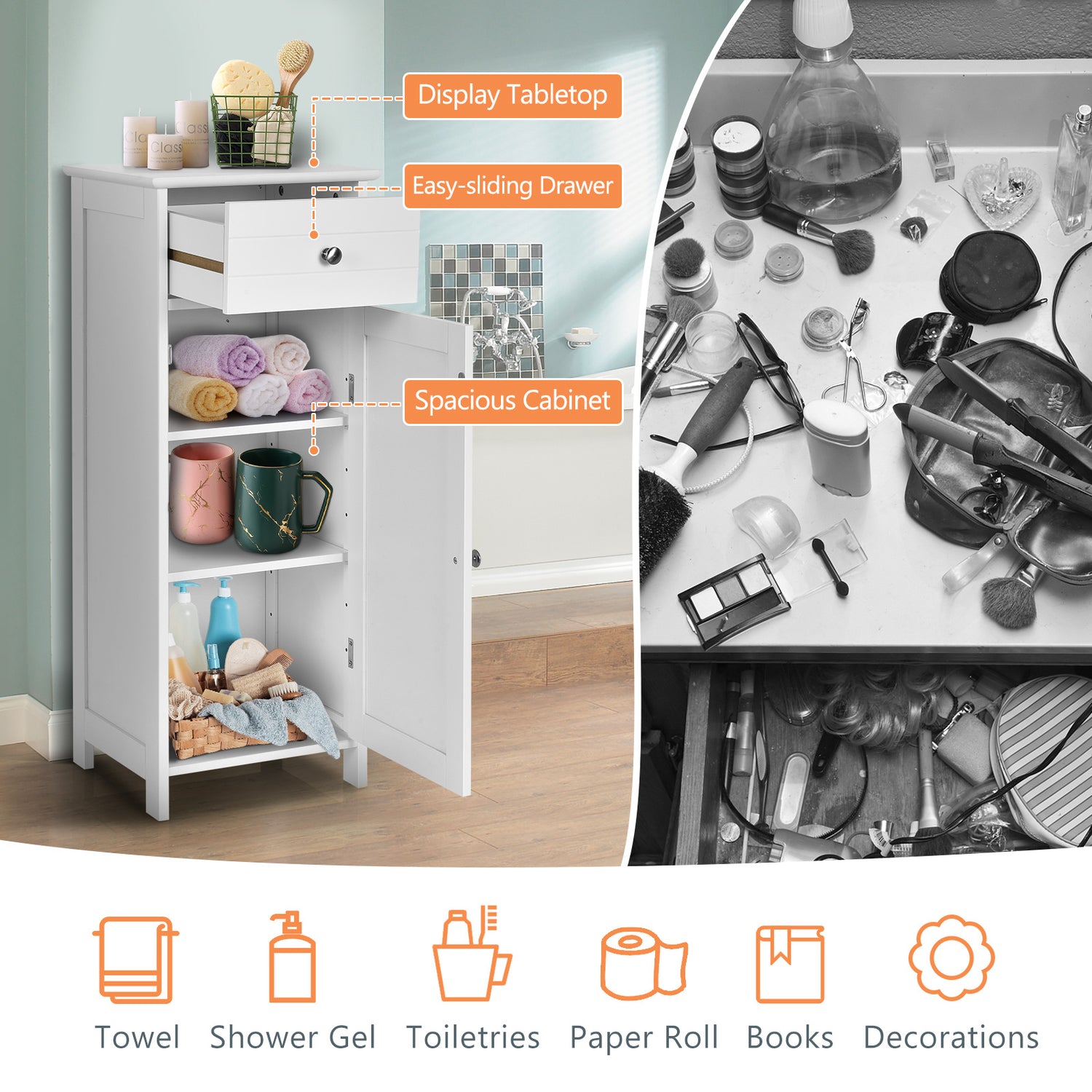 Wooden Storage Free-Standing Floor Cabinet with Drawer and Shelf