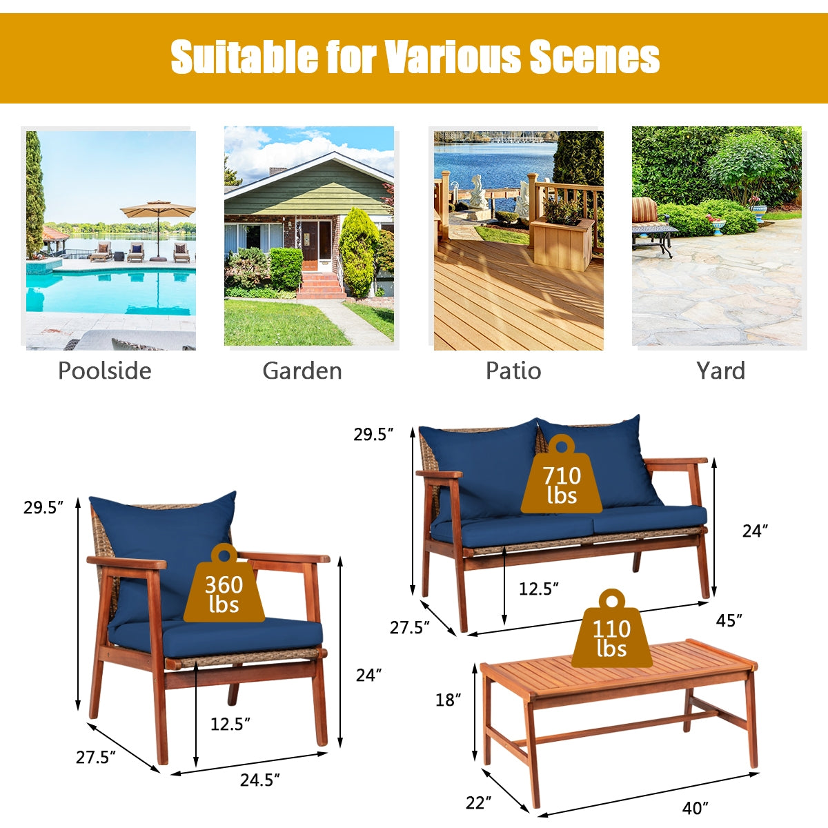 4 Pieces Acacia Wood Patio Rattan Furniture Set with Zippered Cushions