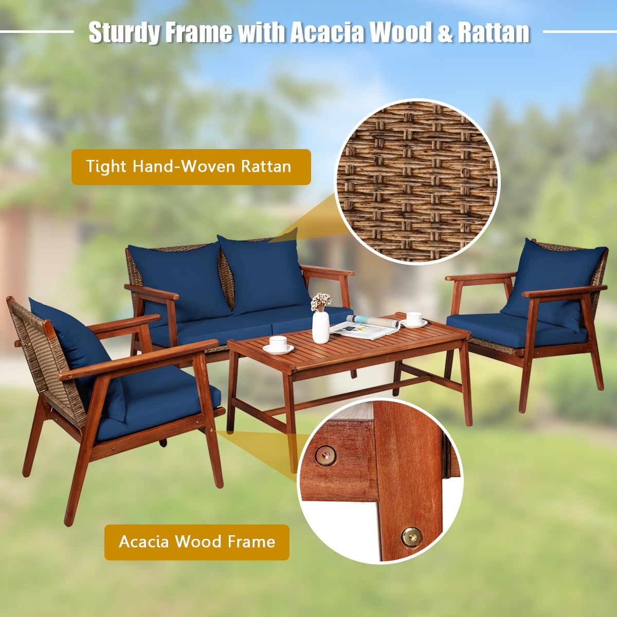 4 Pieces Acacia Wood Patio Rattan Furniture Set with Zippered Cushions
