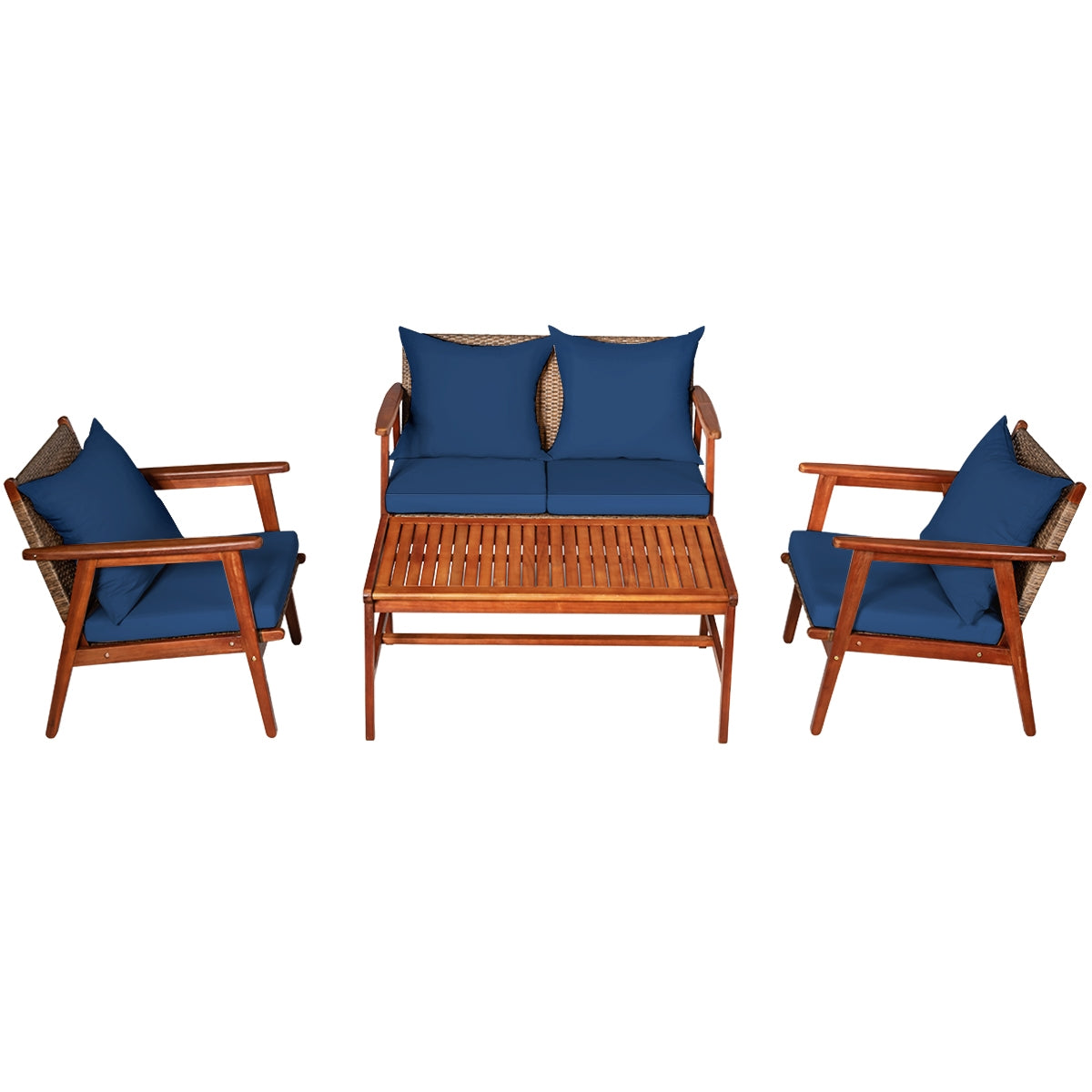 4 Pieces Acacia Wood Patio Rattan Furniture Set with Zippered Cushions