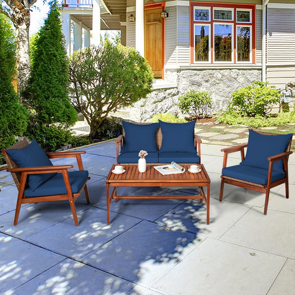 4 Pieces Acacia Wood Patio Rattan Furniture Set with Zippered Cushions