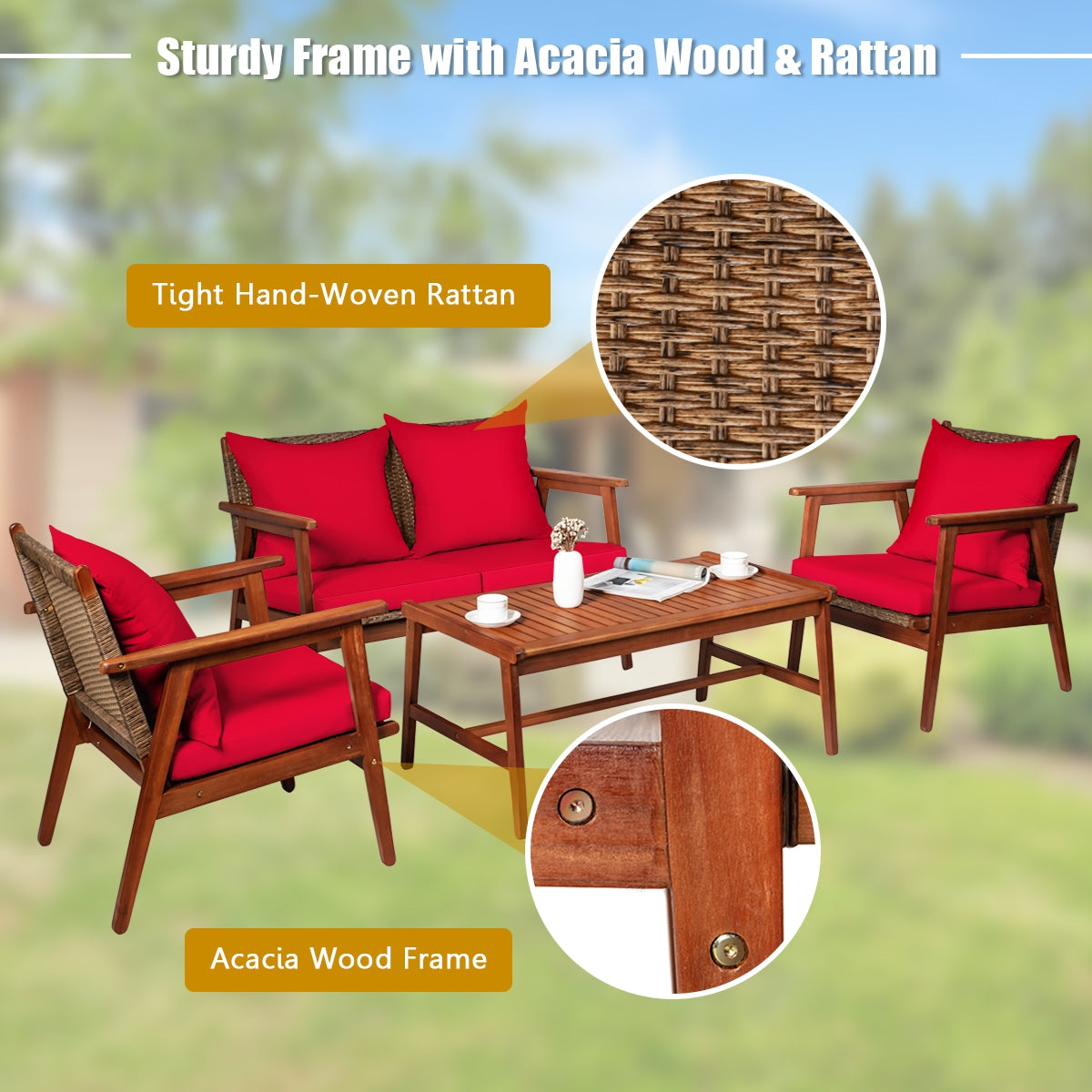 4 Pieces Acacia Wood Patio Rattan Furniture Set with Zippered Cushions