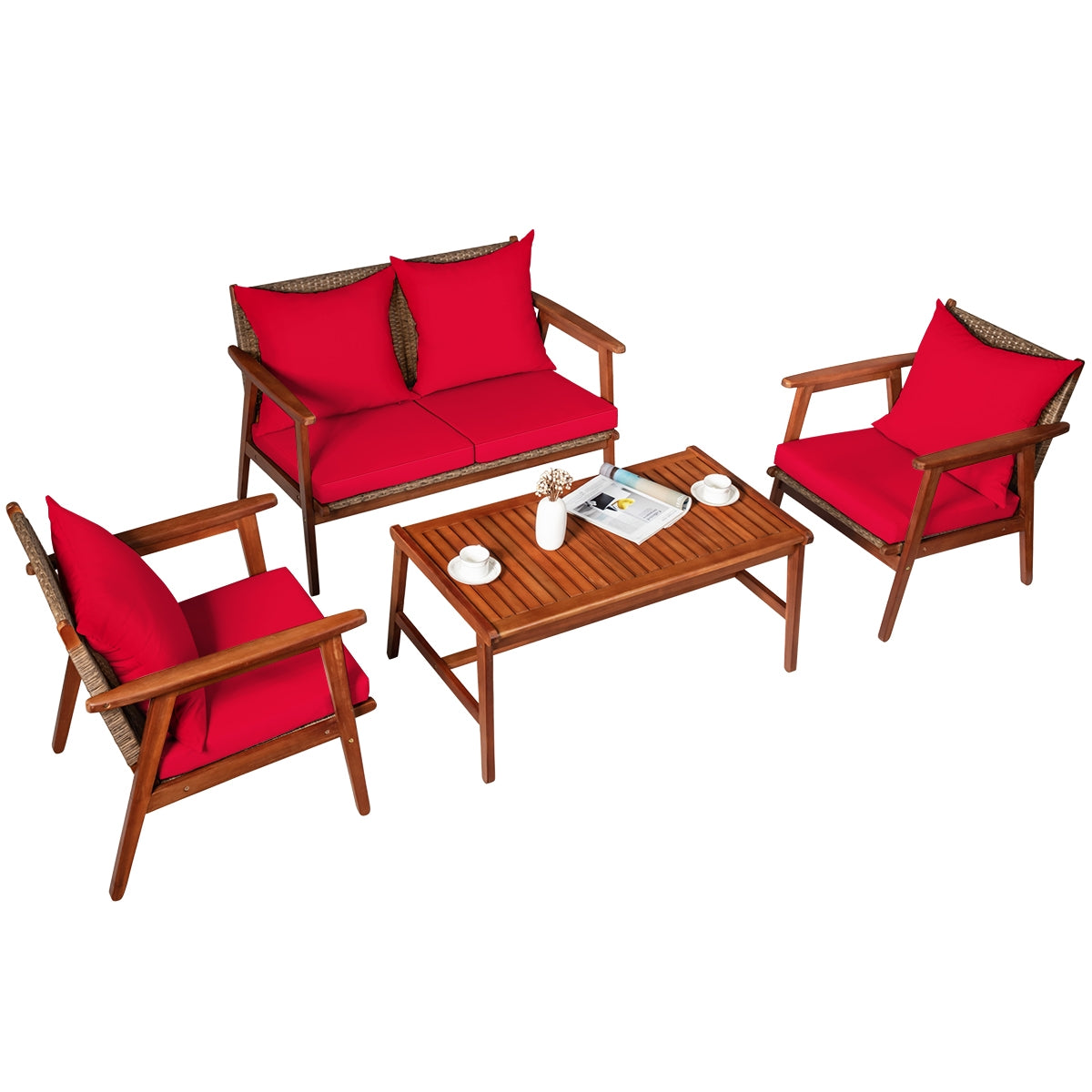 4 Pieces Acacia Wood Patio Rattan Furniture Set with Zippered Cushions