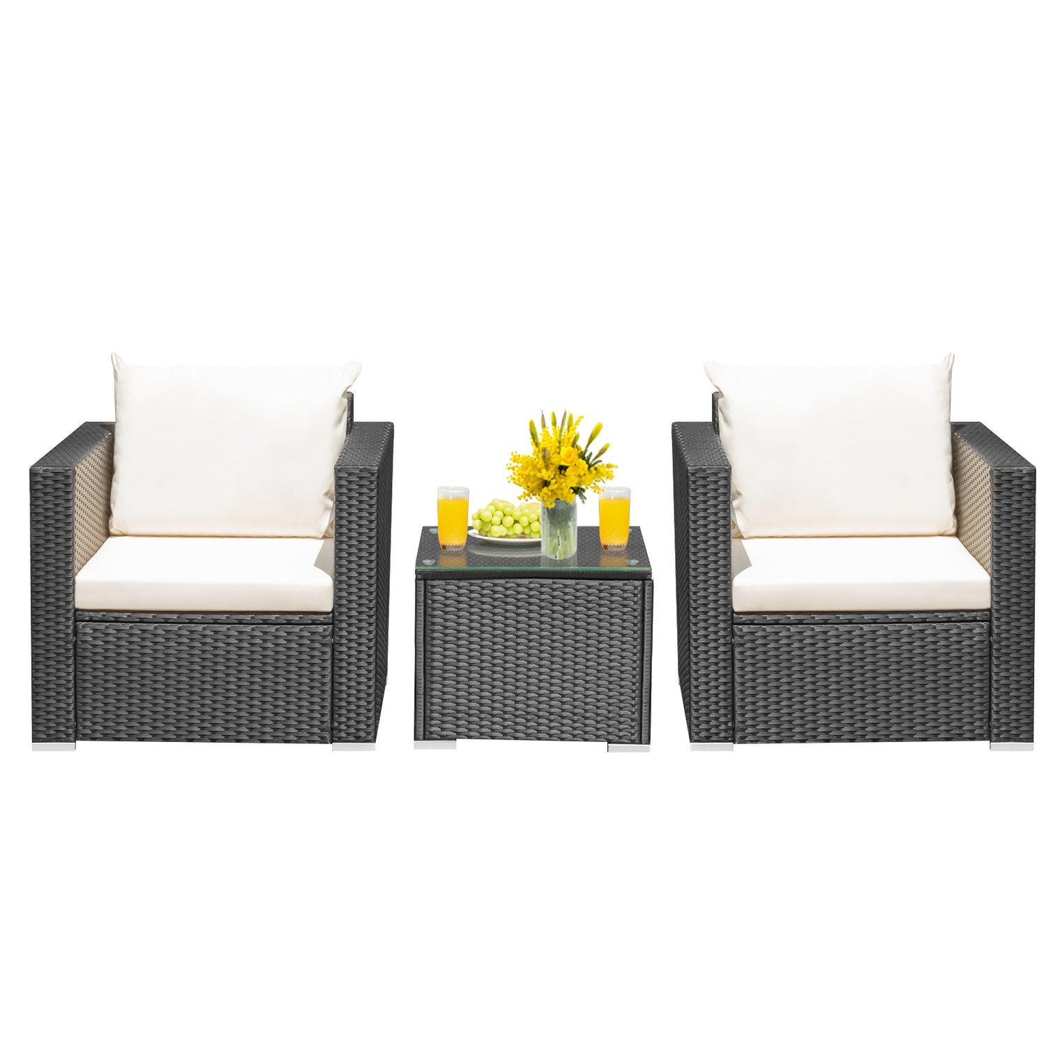 3 Pieces Patio Wicker Conversation Set with Cushion